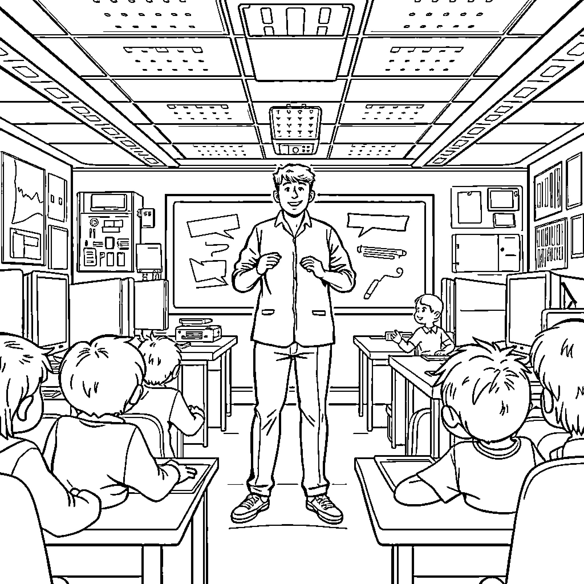Teacher Engaging Students in Classroom Discussion Coloring Page (free black-and-white line drawing printable PDF for all, from beginners to advanced learners, including children, teens, adults, and seniors)