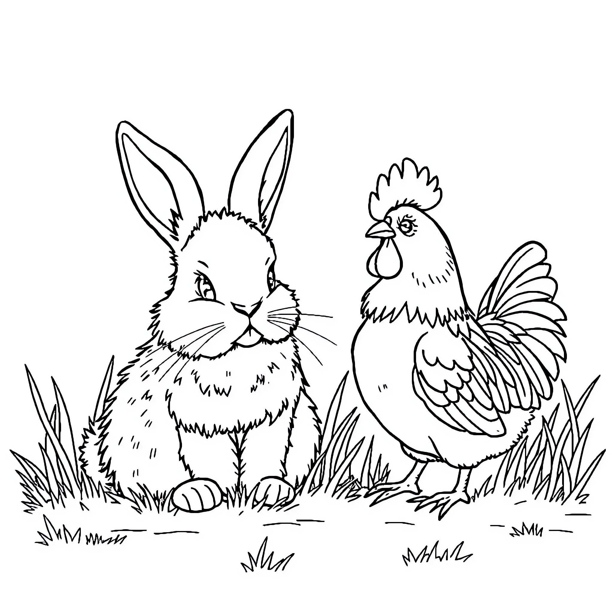 Bunny and Rooster in the Grass Coloring Page (free black-and-white line drawing printable PDF for all, from beginners to advanced learners, including children, teens, adults, and seniors)