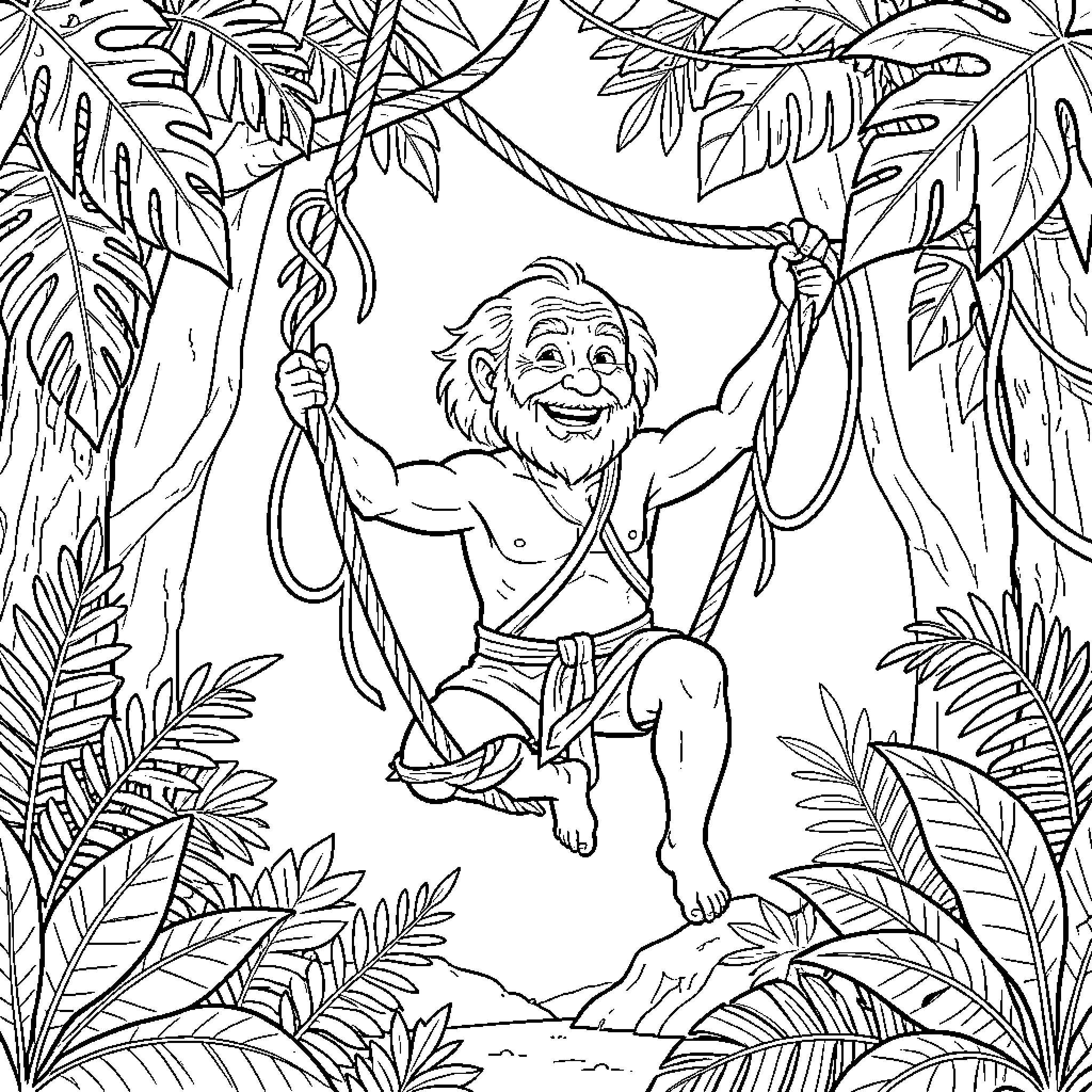 Pepe swinging on a rope in the jungle Coloring Page (free black-and-white line drawing printable PDF for all, from beginners to advanced learners, including children, teens, adults, and seniors)