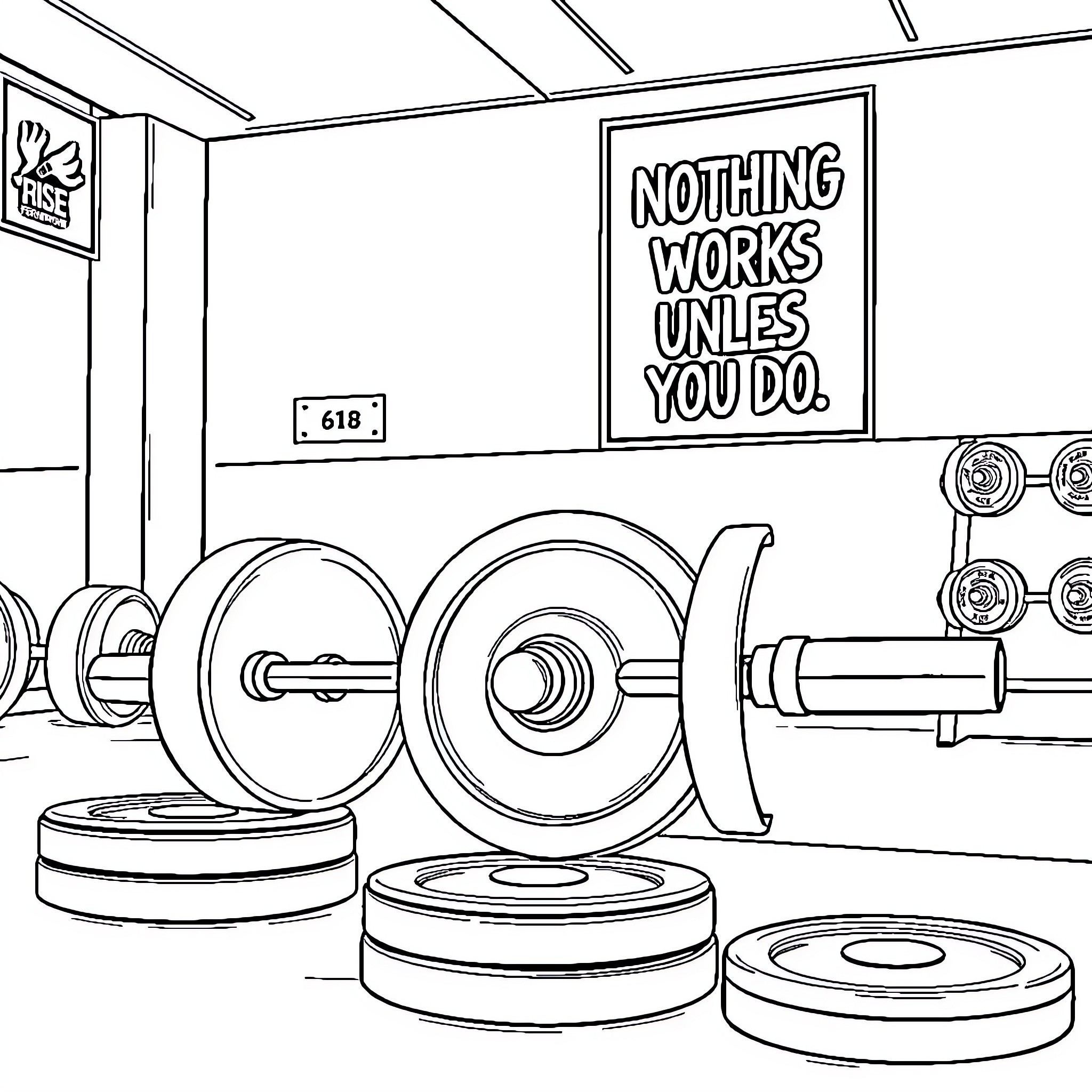 Barbell and weight equipment in a gym Coloring Page (free black-and-white line drawing printable PDF for all, from beginners to advanced learners, including children, teens, adults, and seniors)