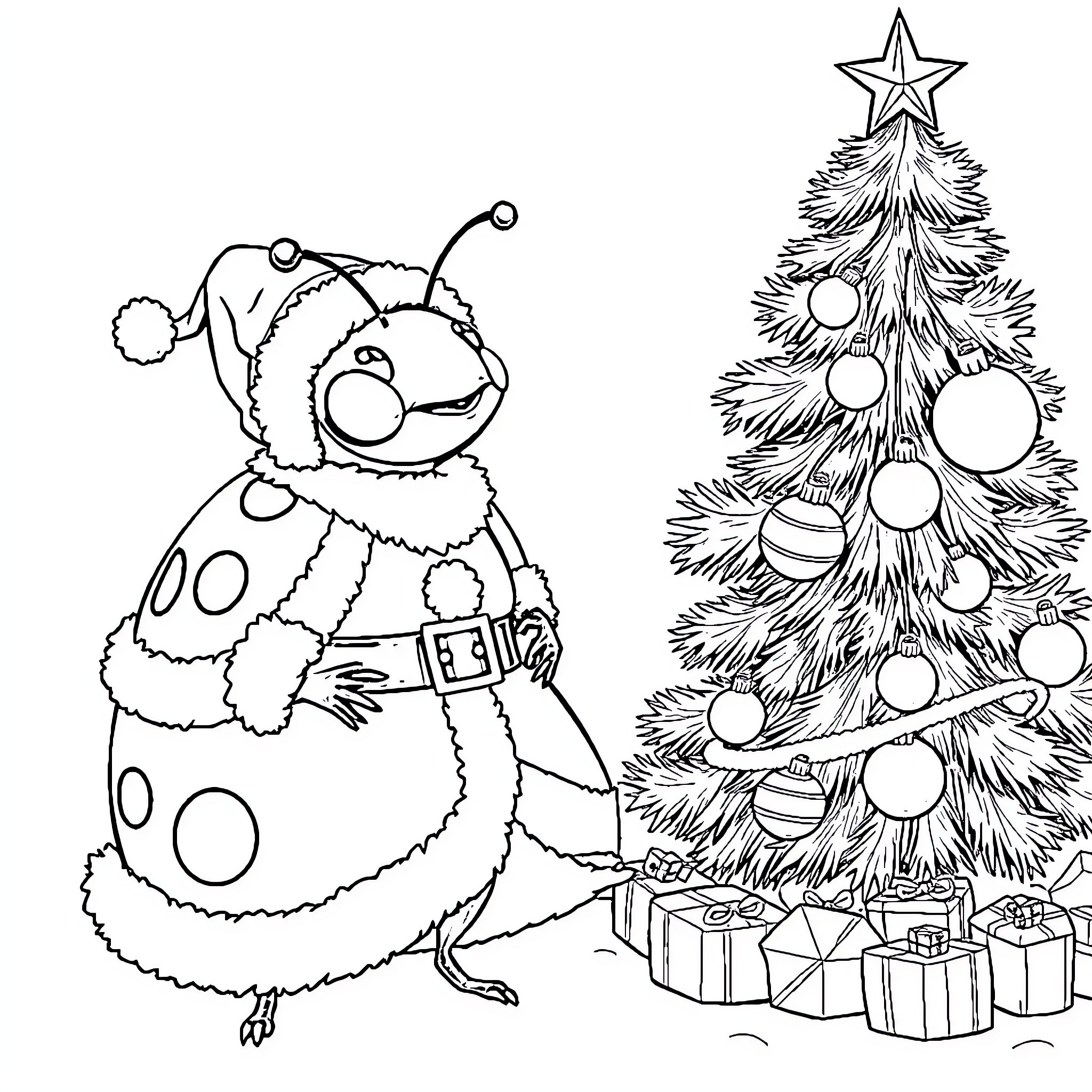 Ladybug decorating Christmas tree with gifts Coloring Page (free black-and-white line drawing printable PDF for all, from beginners to advanced learners, including children, teens, adults, and seniors)