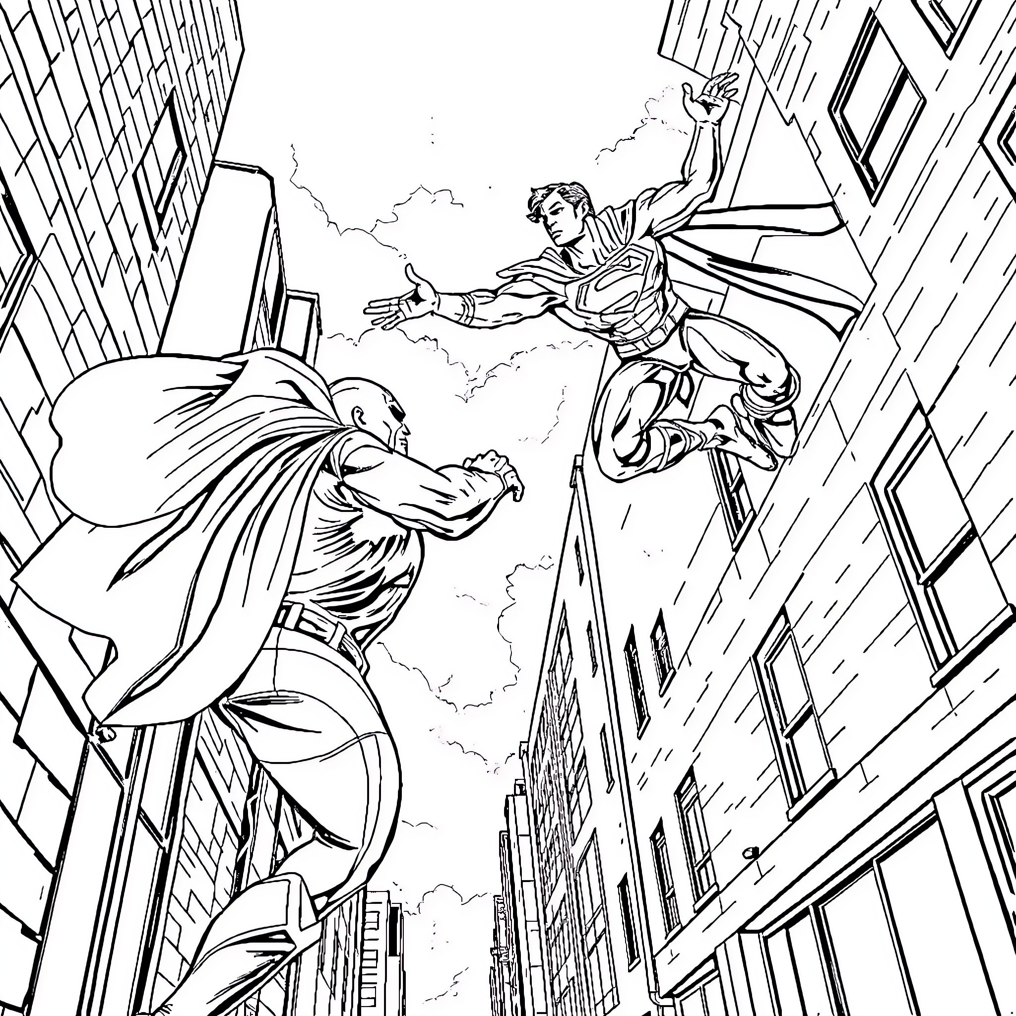 Superman heroically saving the city Coloring Page (free black-and-white line drawing printable PDF for all, from beginners to advanced learners, including children, teens, adults, and seniors)