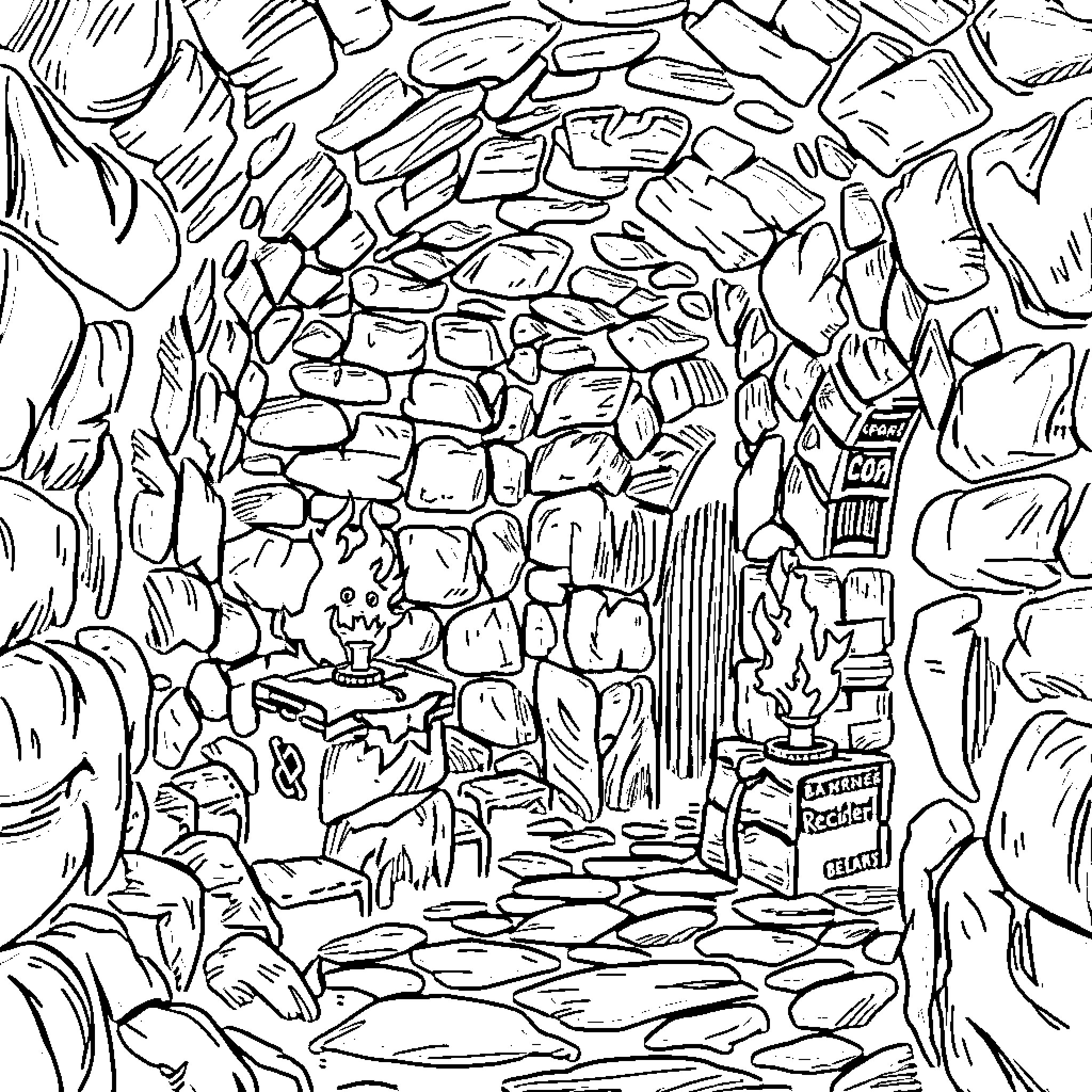Dungeon Entrance with Mysterious Artifacts Coloring Page (free black-and-white line drawing printable PDF for all, from beginners to advanced learners, including children, teens, adults, and seniors)