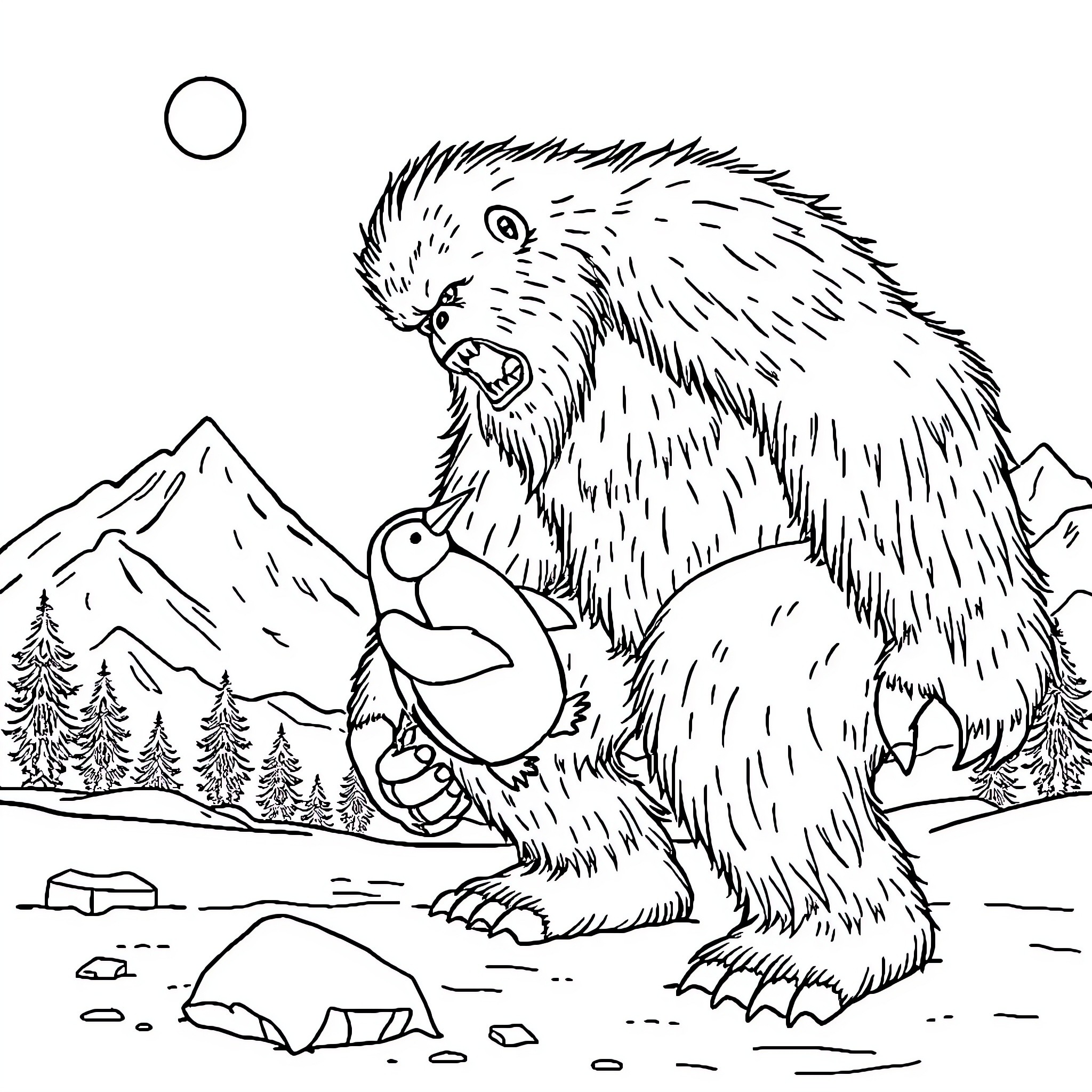 Bigfoot roaring with clenched fists in the wilderness Coloring Page (free black-and-white line drawing printable PDF for all, from beginners to advanced learners, including children, teens, adults, and seniors)