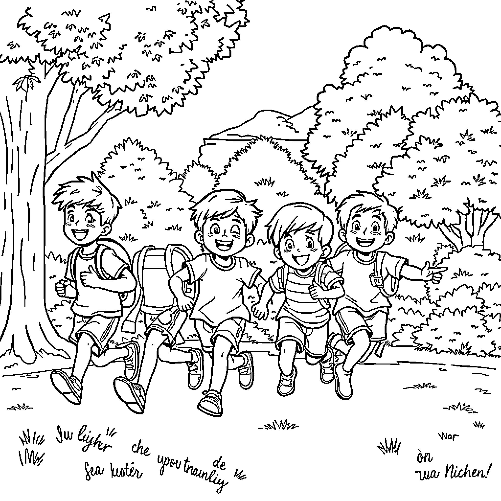 Child friends playing outdoors in nature Coloring Page (free black-and-white line drawing printable PDF for all, from beginners to advanced learners, including children, teens, adults, and seniors)