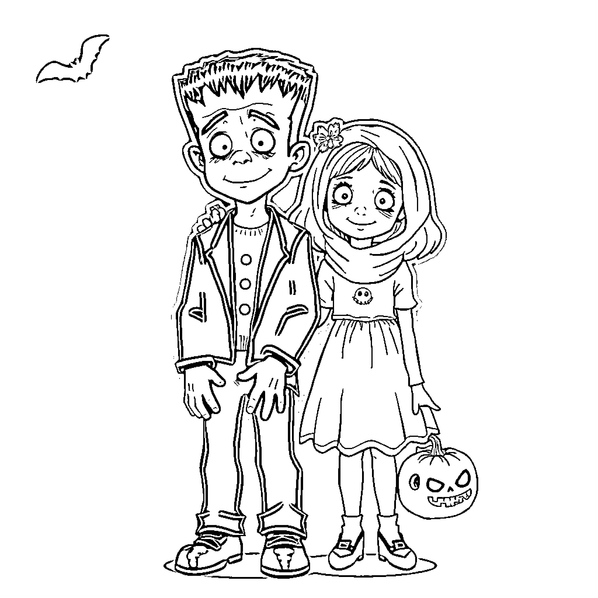 Frankenstein's young couple in Halloween costumes Coloring Page (free black-and-white line drawing printable PDF for all, from beginners to advanced learners, including children, teens, adults, and seniors)