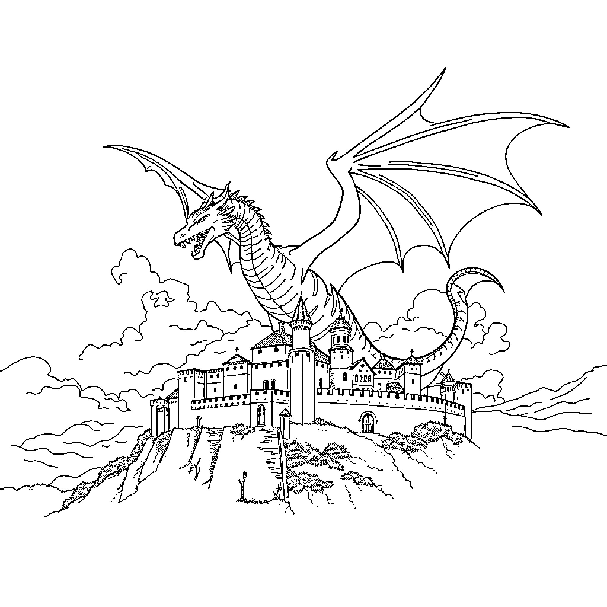 Dragon soaring over fantasy castle Coloring Page (free black-and-white line drawing printable PDF for all, from beginners to advanced learners, including children, teens, adults, and seniors)