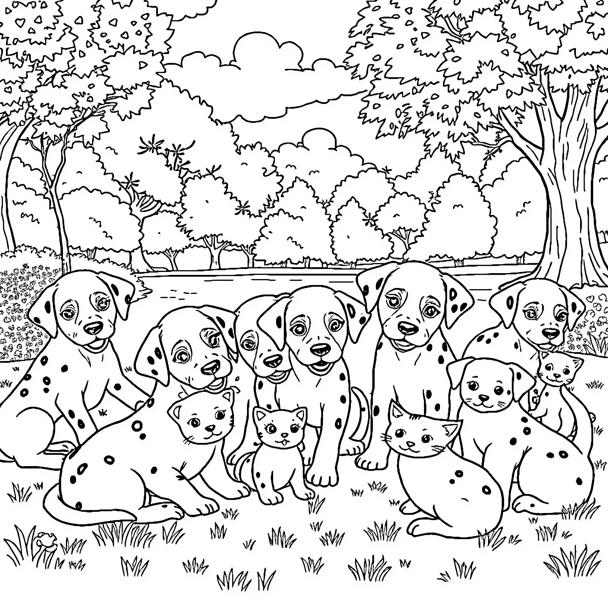Dalmatians playing happily in the forest Coloring Page (free black-and-white line drawing printable PDF for all, from beginners to advanced learners, including children, teens, adults, and seniors)