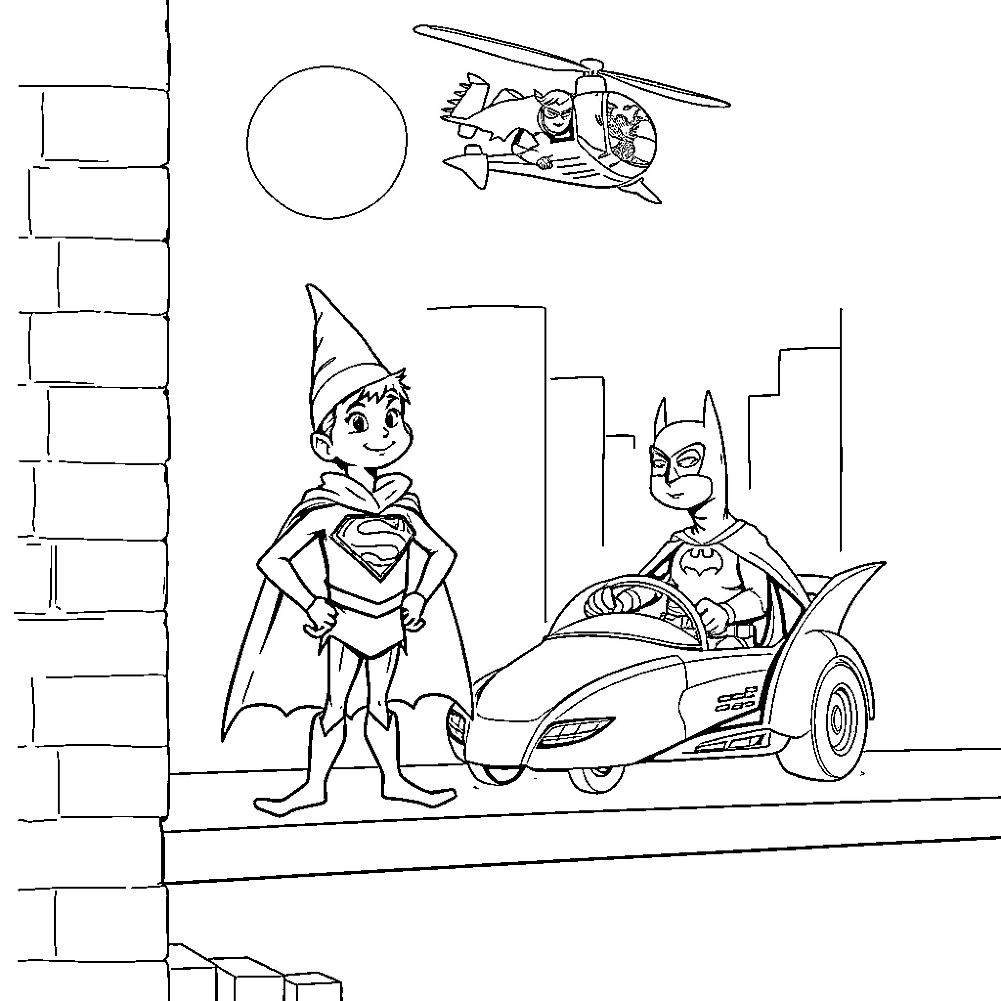 Elf superheroes in the city Coloring Page (free black-and-white line drawing printable PDF for all, from beginners to advanced learners, including children, teens, adults, and seniors)