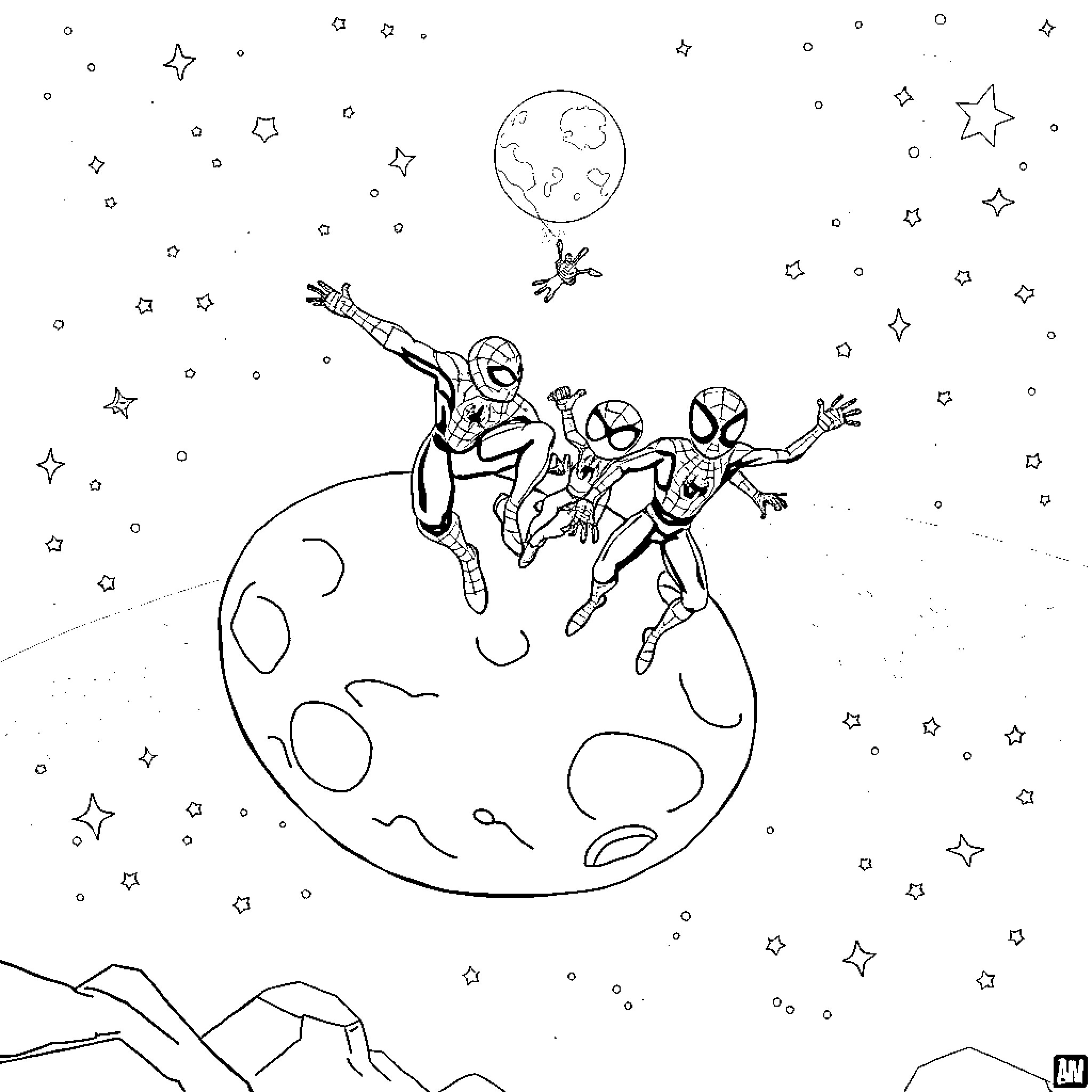Spidey heroes soar through the cosmic landscape Coloring Page (free black-and-white line drawing printable PDF for all, from beginners to advanced learners, including children, teens, adults, and seniors)