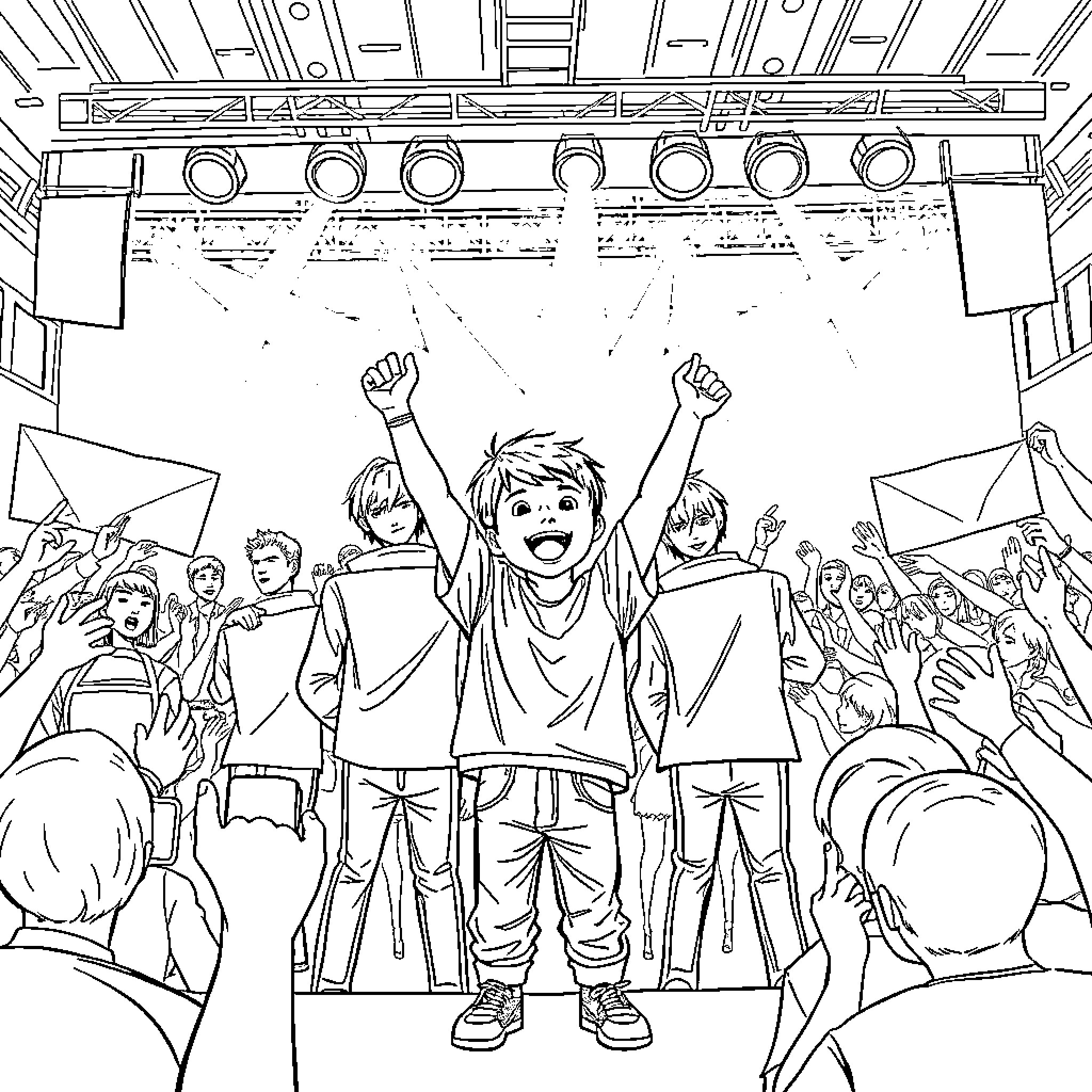 Boy celebrates with friends on stage Coloring Page (free black-and-white line drawing printable PDF for all, from beginners to advanced learners, including children, teens, adults, and seniors)