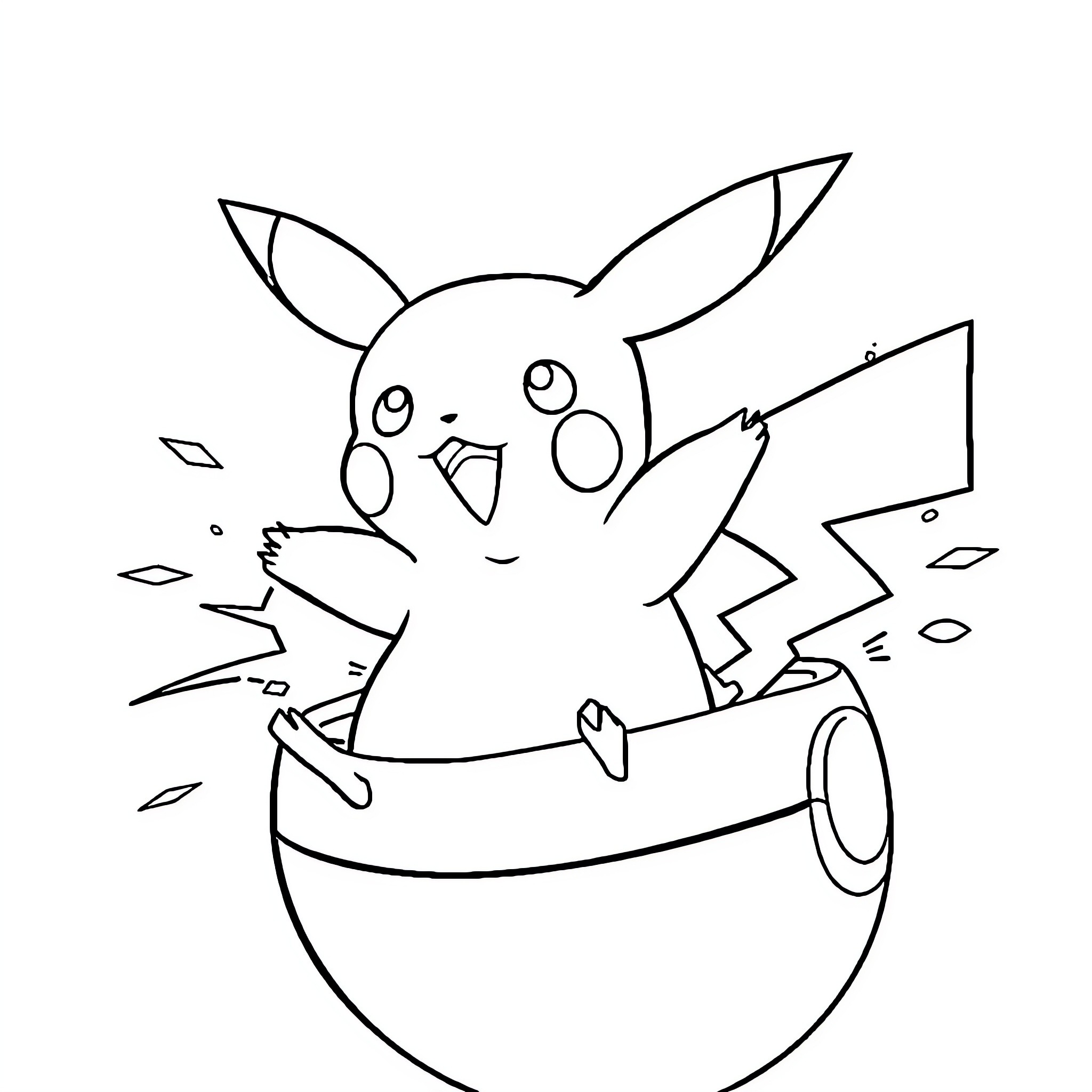 Pikachu emerging from an egg with excitement Coloring Page (free black-and-white line drawing printable PDF for all, from beginners to advanced learners, including children, teens, adults, and seniors)