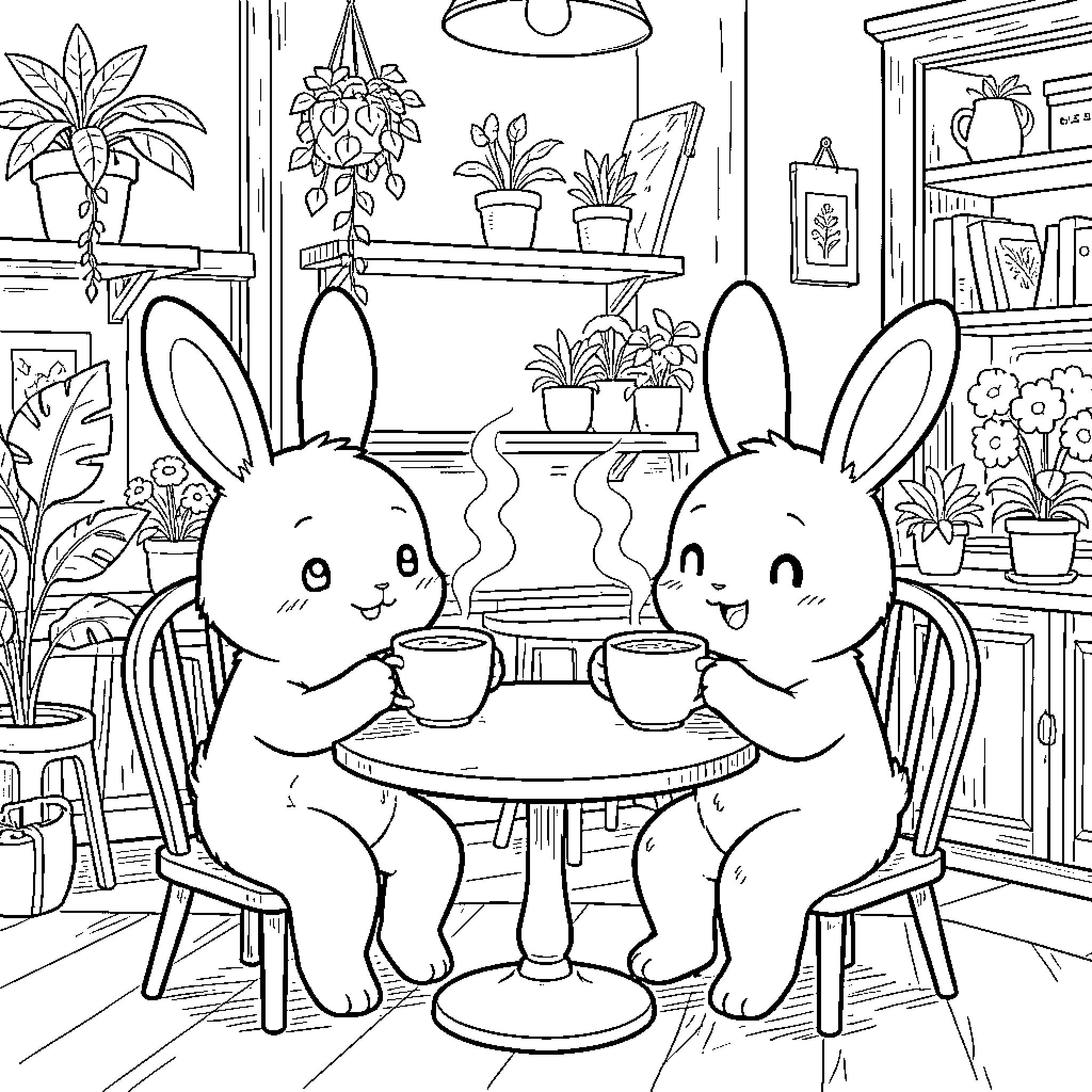 Bunny Friends Enjoying Coffee in Cozy Cafe Coloring Page (free black-and-white line drawing printable PDF for all, from beginners to advanced learners, including children, teens, adults, and seniors)