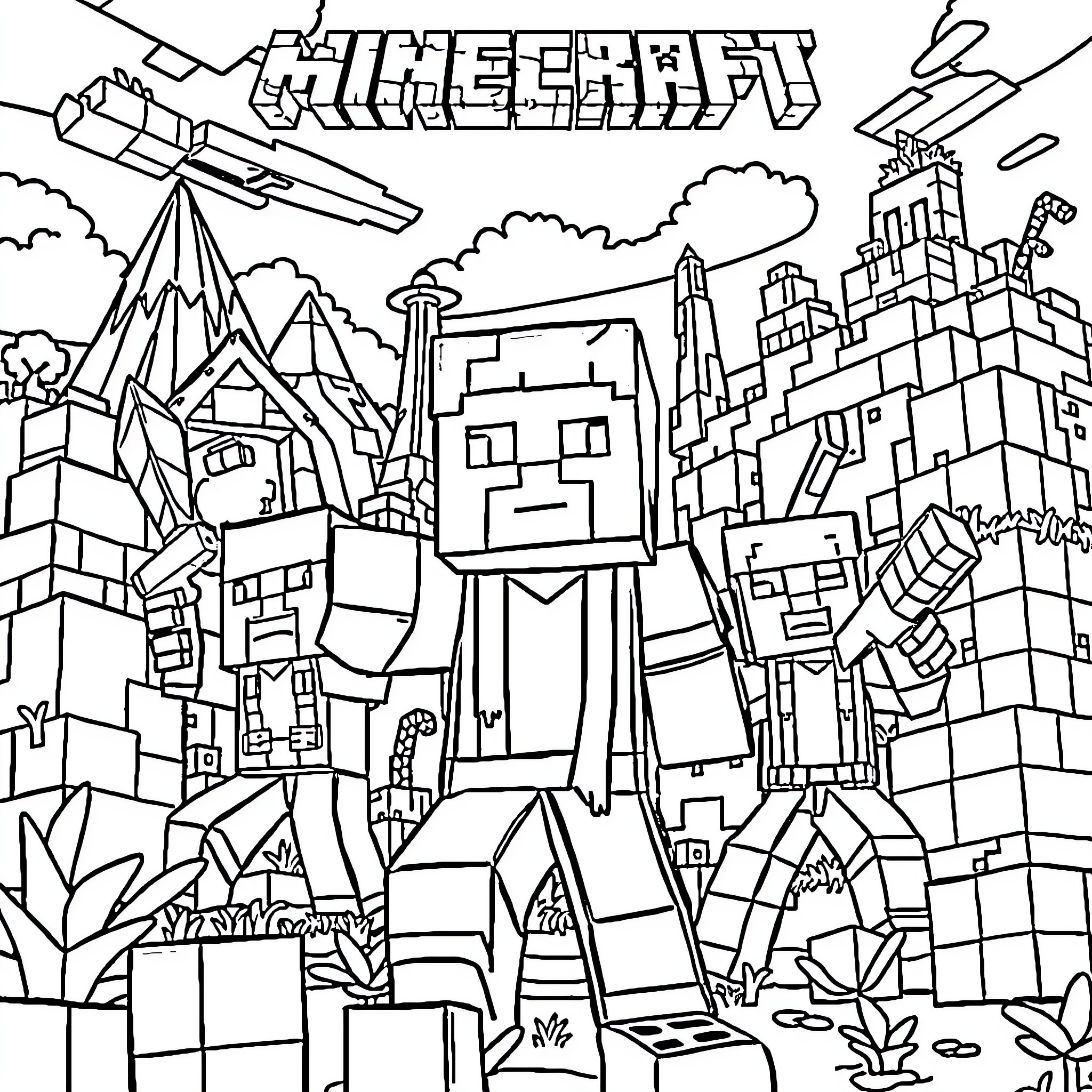 Minecraft Adventurous Exploration in a Blocky World Coloring Page (free black-and-white line drawing printable PDF for all, from beginners to advanced learners, including children, teens, adults, and seniors)