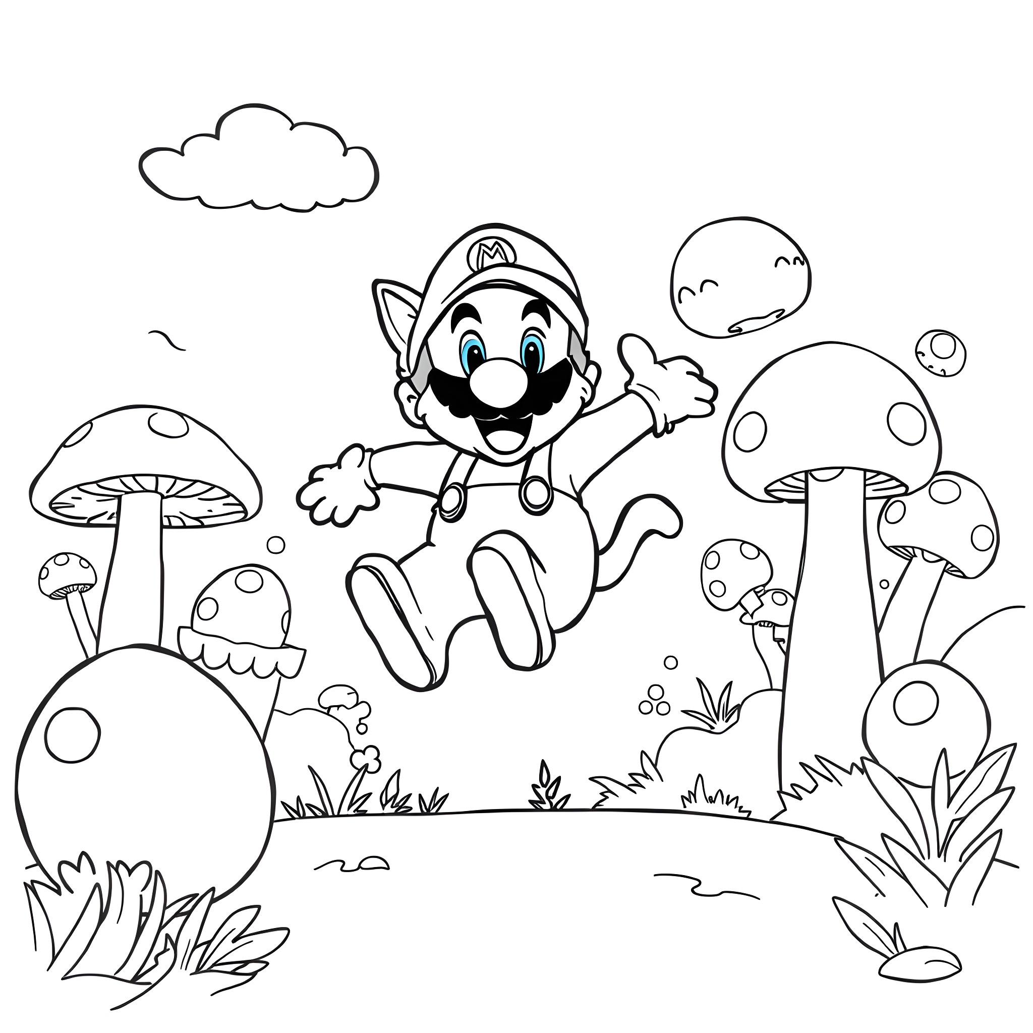 Cat Mario Jumping with Joy in Mushroom Kingdom Coloring Page (free black-and-white line drawing printable PDF for all, from beginners to advanced learners, including children, teens, adults, and seniors)