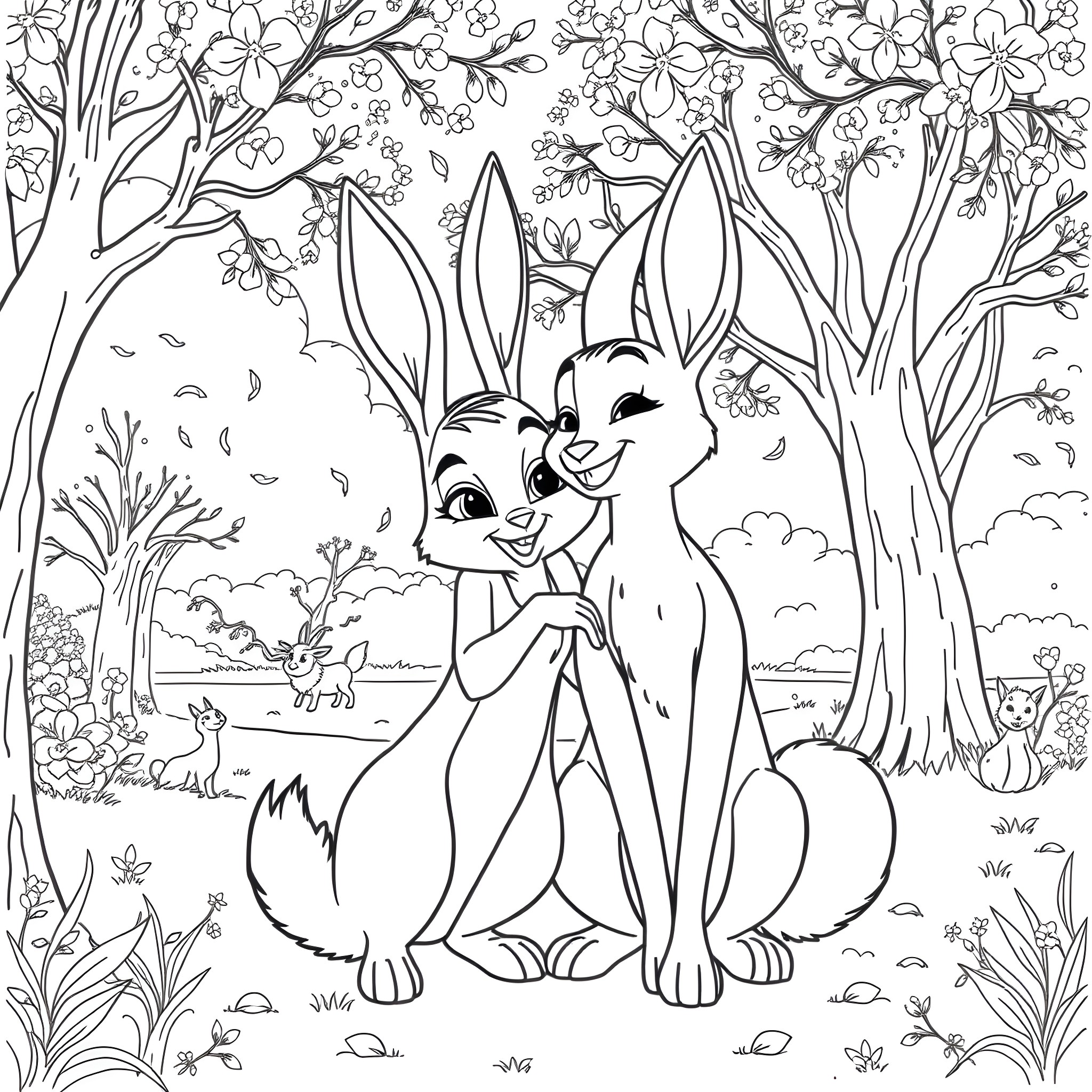 Judy Hopps with her bunny friend in a floral forest Coloring Page (free black-and-white line drawing printable PDF for all, from beginners to advanced learners, including children, teens, adults, and seniors)