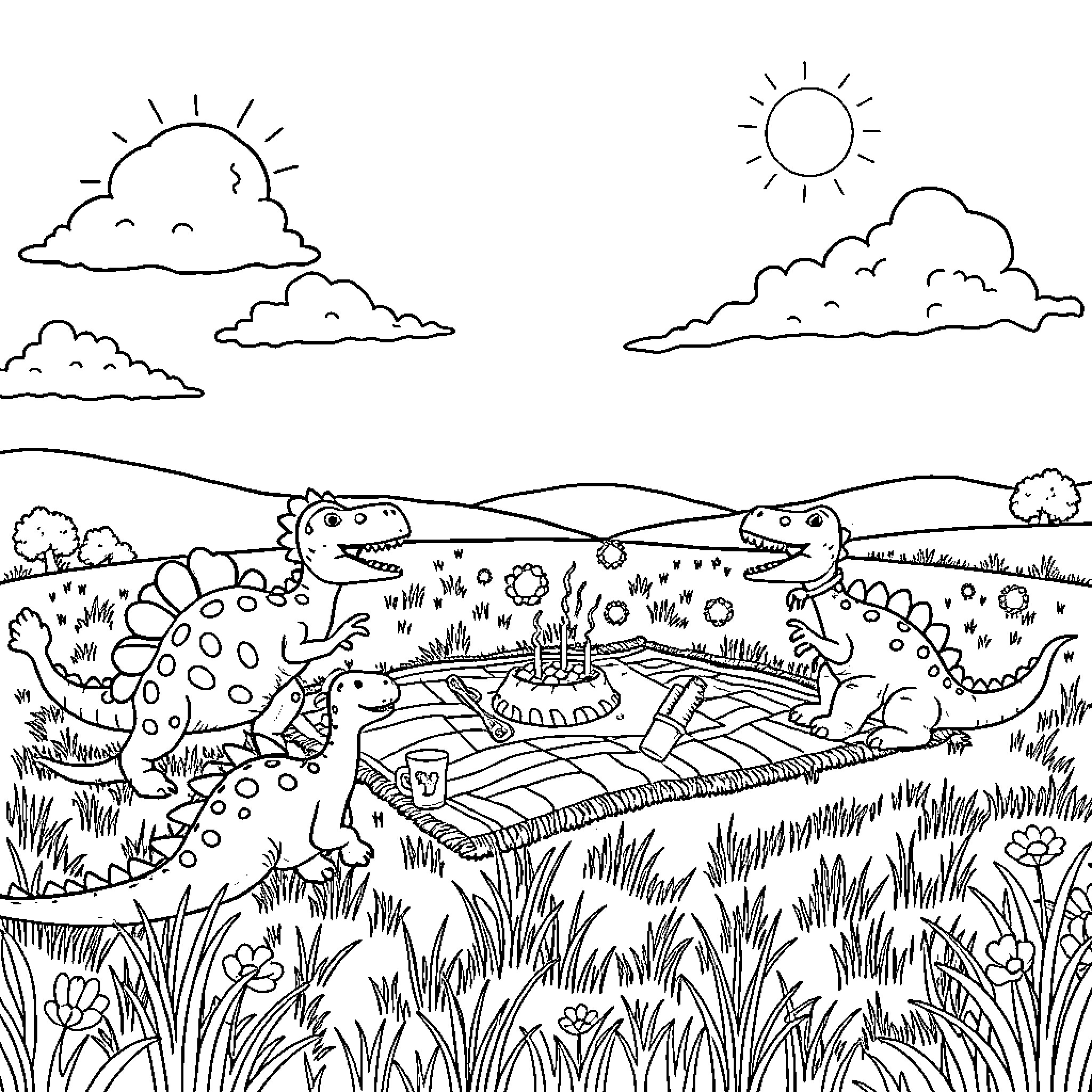 Dinosaurs playing joyfully in the meadow Coloring Page (free black-and-white line drawing printable PDF for all, from beginners to advanced learners, including children, teens, adults, and seniors)