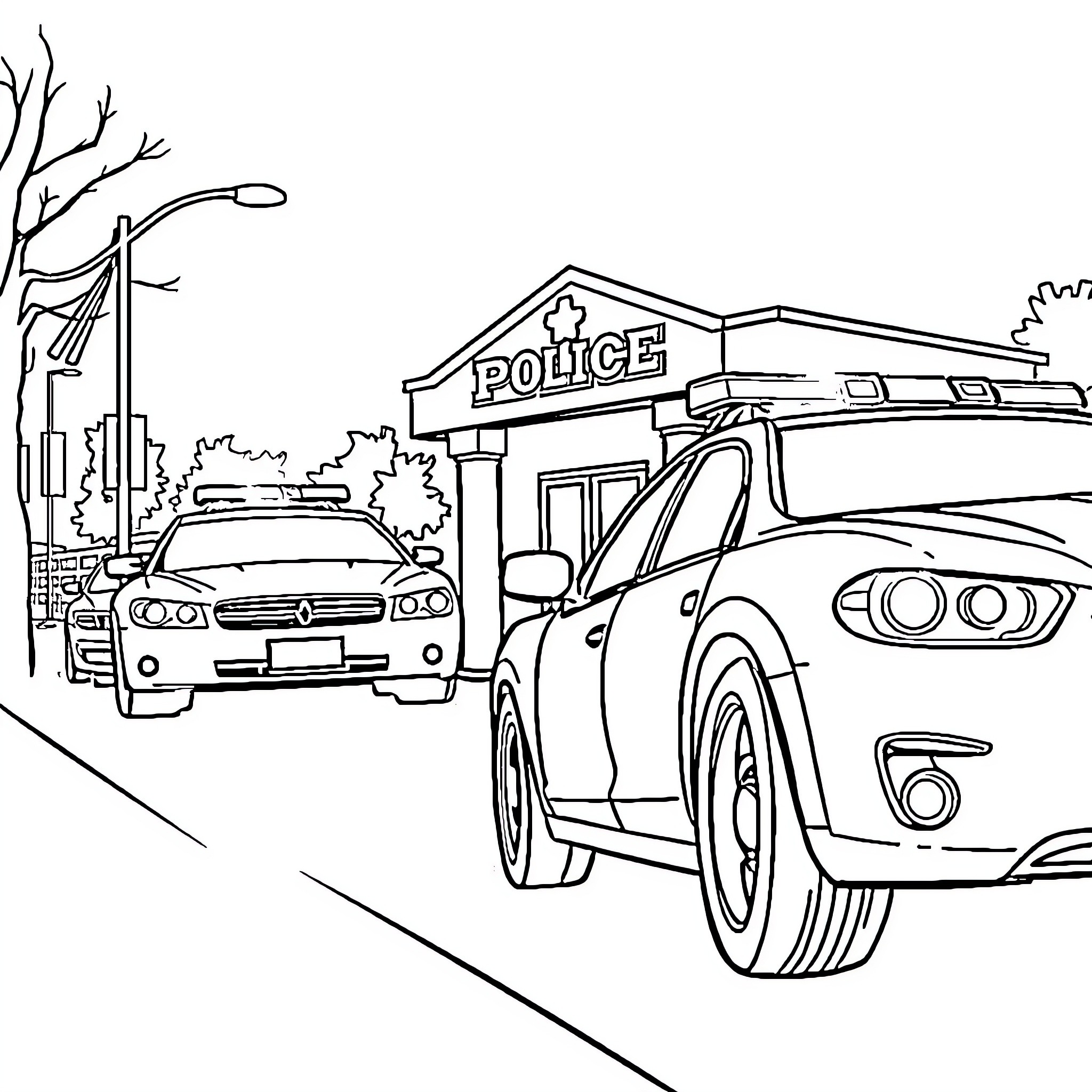 Police Car Responding to Emergency Call Coloring Page (free black-and-white line drawing printable PDF for all, from beginners to advanced learners, including children, teens, adults, and seniors)
