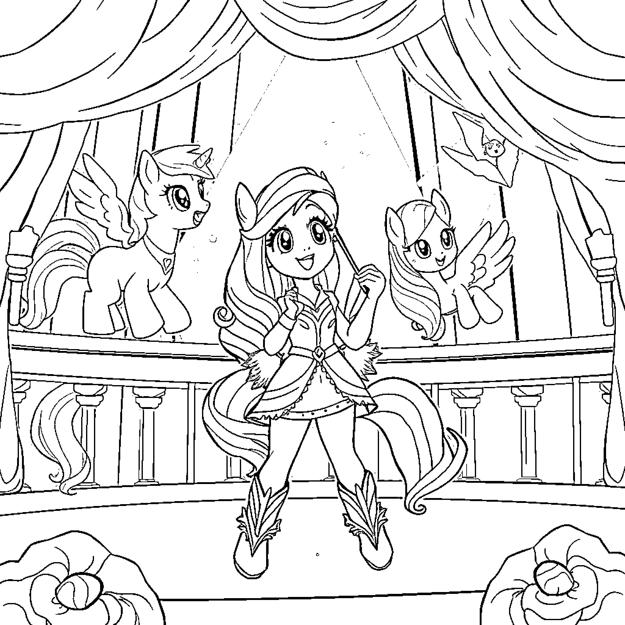 Rumi and her pony friends on stage Coloring Page (free black-and-white line drawing printable PDF for all, from beginners to advanced learners, including children, teens, adults, and seniors)