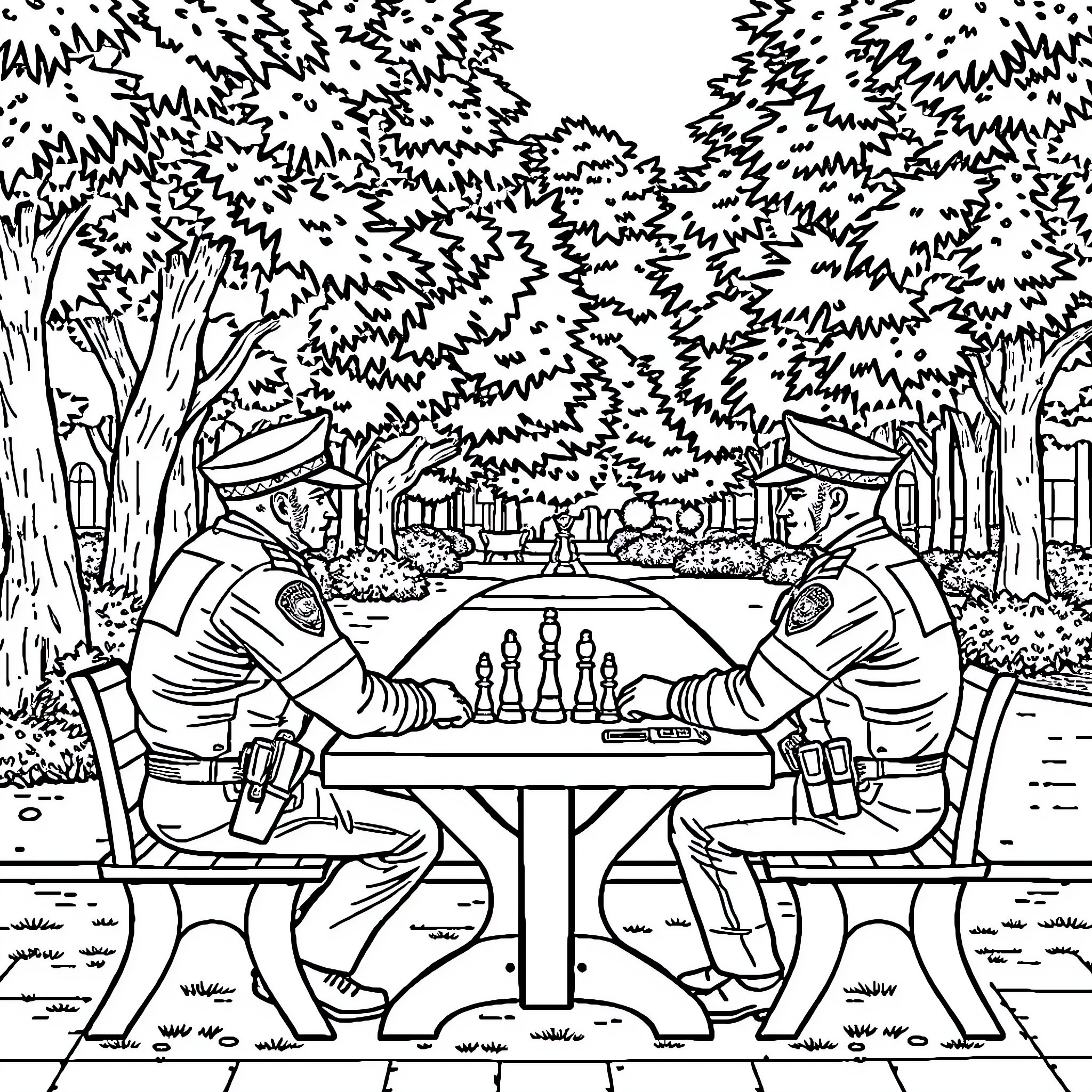 Policía playing chess in the park Coloring Page (free black-and-white line drawing printable PDF for all, from beginners to advanced learners, including children, teens, adults, and seniors)