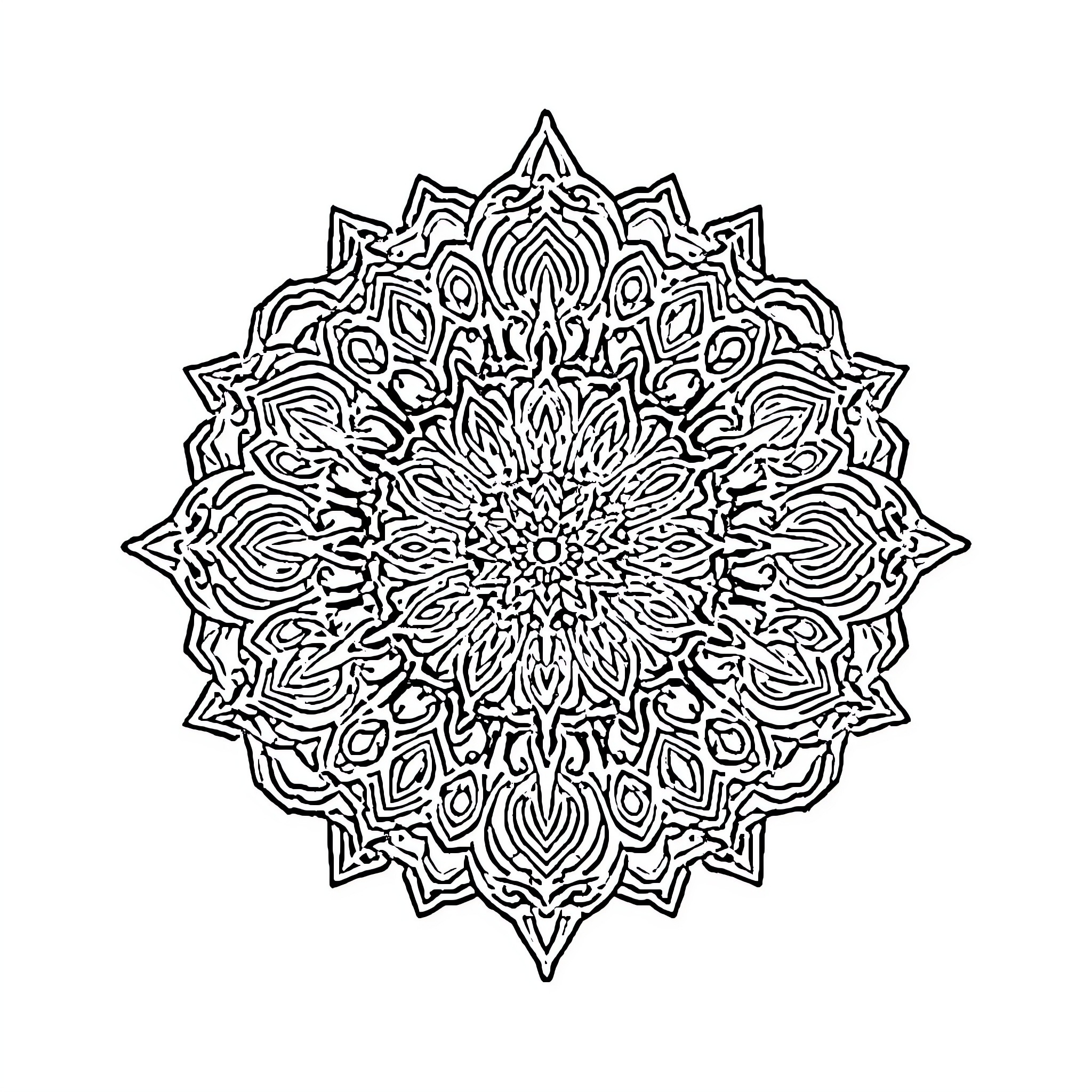 Mandala of intricate symmetrical design Coloring Page (free black-and-white line drawing printable PDF for all, from beginners to advanced learners, including children, teens, adults, and seniors)