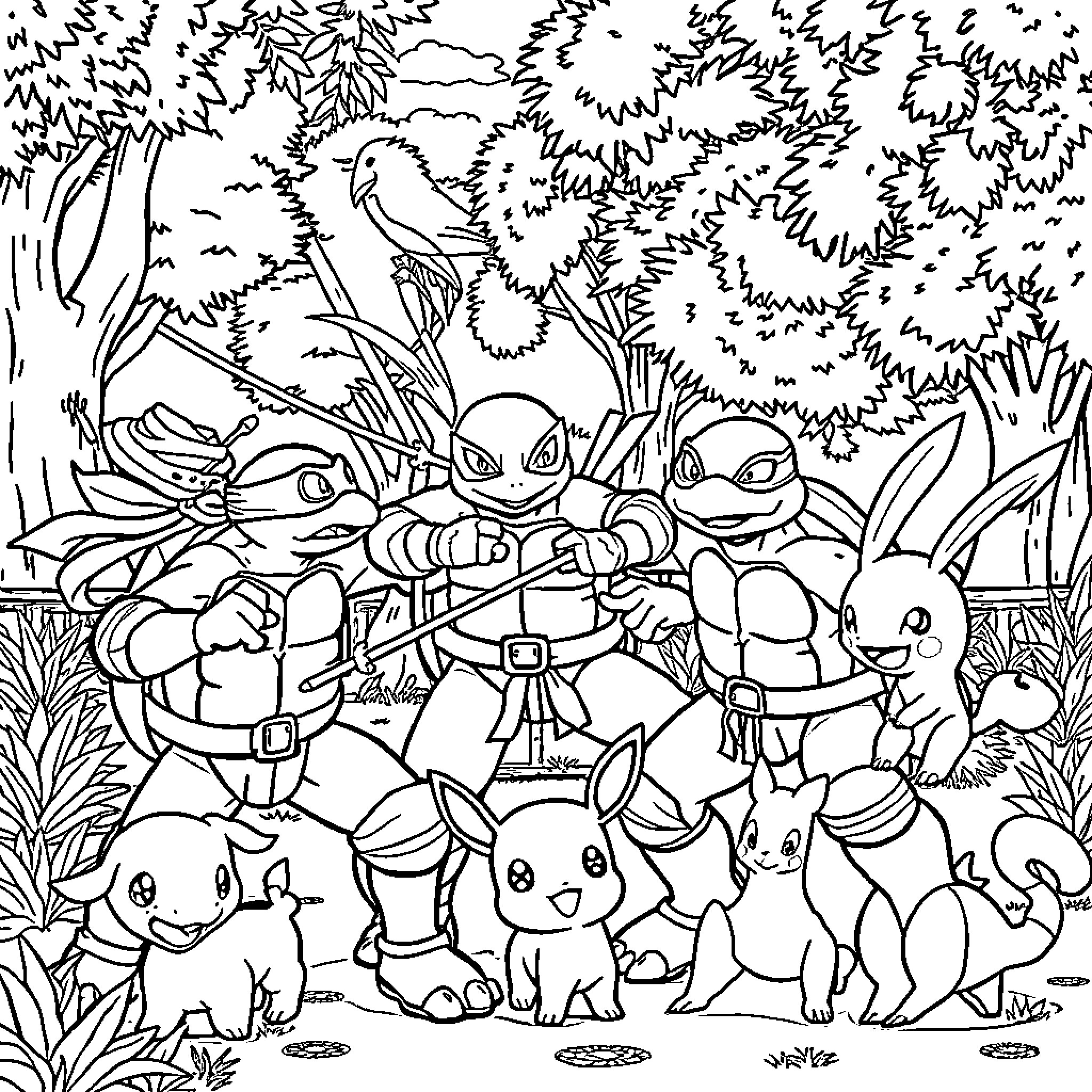 Ninja Turtle characters in a forest adventure Coloring Page (free black-and-white line drawing printable PDF for all, from beginners to advanced learners, including children, teens, adults, and seniors)
