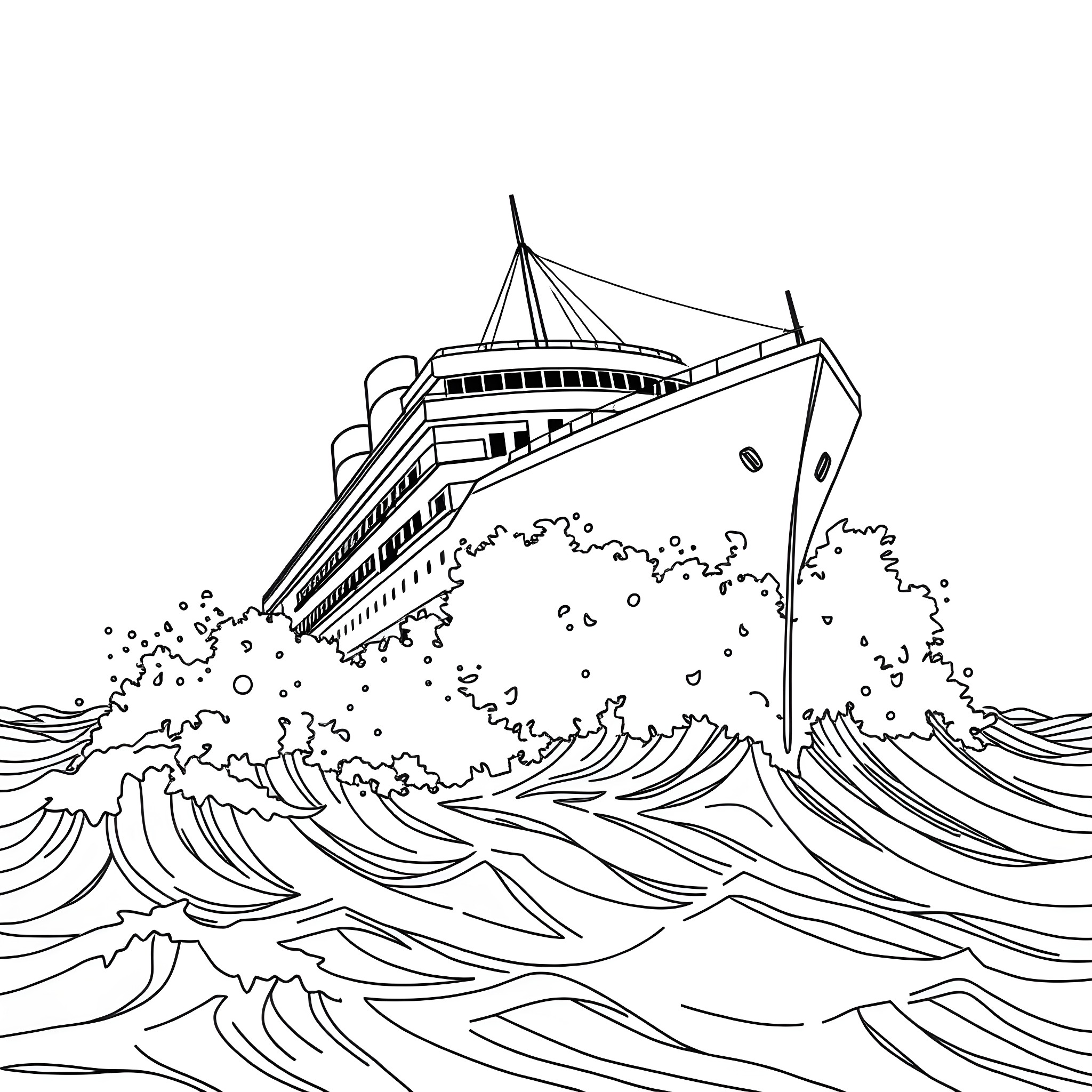 Tasmania Ship Sailing Through Stormy Waves Coloring Page (free black-and-white line drawing printable PDF for all, from beginners to advanced learners, including children, teens, adults, and seniors)
