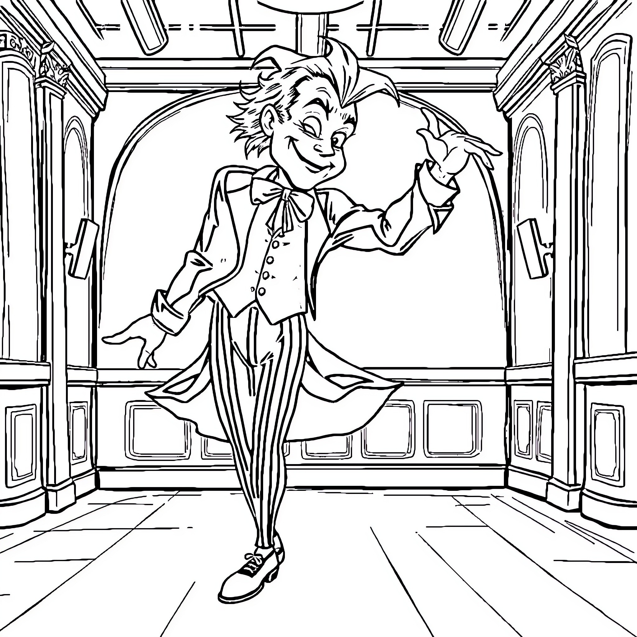 Joker dancing playfully in a theatrical setting Coloring Page (free black-and-white line drawing printable PDF for all, from beginners to advanced learners, including children, teens, adults, and seniors)