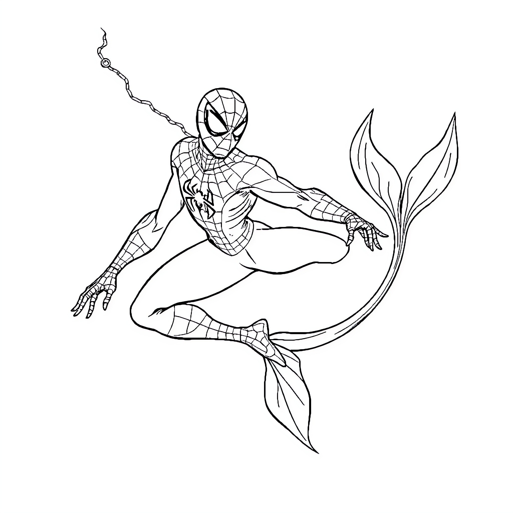 Spiderman as a mermaid hero in action Coloring Page (free black-and-white line drawing printable PDF for all, from beginners to advanced learners, including children, teens, adults, and seniors)