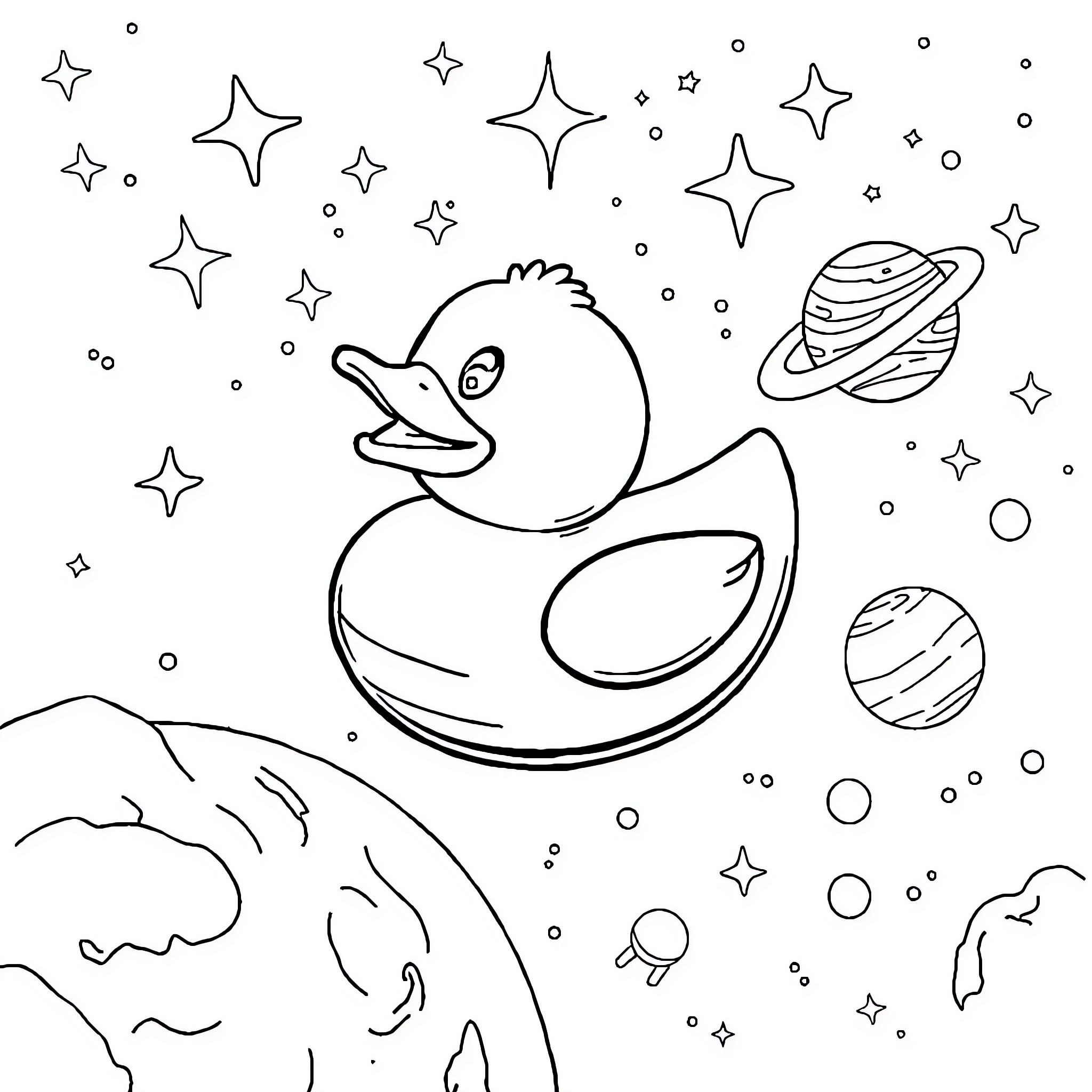 Rubber Duck Floating in Outer Space Coloring Page (free black-and-white line drawing printable PDF for all, from beginners to advanced learners, including children, teens, adults, and seniors)