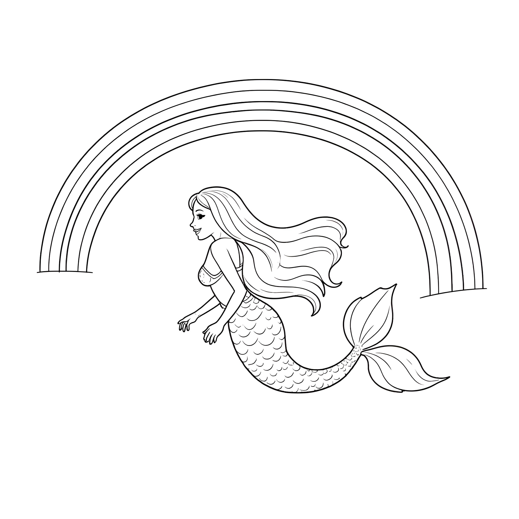Mermaid swimming under rainbow arches Coloring Page (free black-and-white line drawing printable PDF for all, from beginners to advanced learners, including children, teens, adults, and seniors)