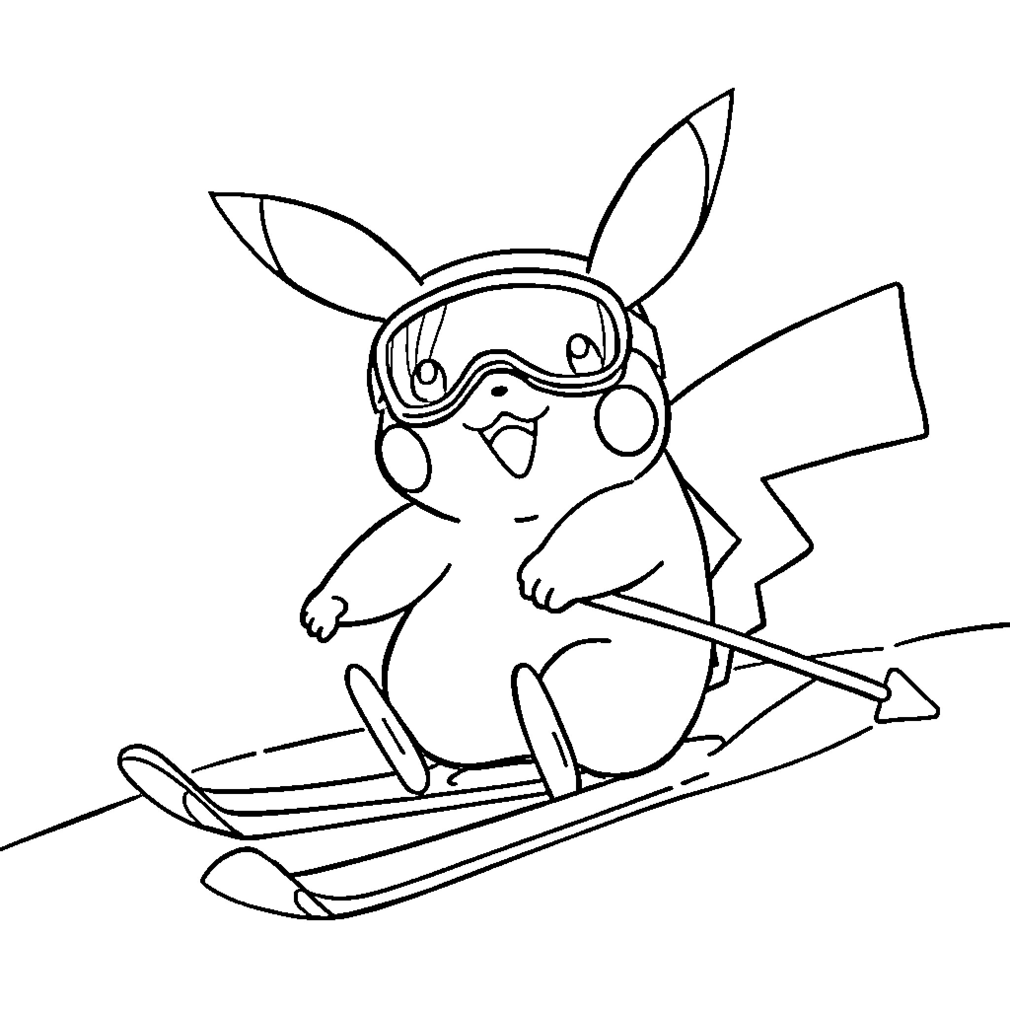 Pikachu skiing down the slopes Coloring Page (free black-and-white line drawing printable PDF for all, from beginners to advanced learners, including children, teens, adults, and seniors)