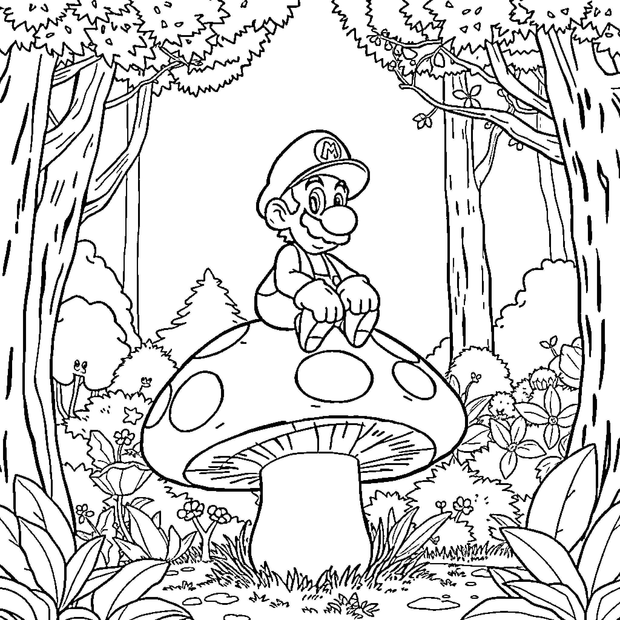 Luigi's Relaxing Mushroom Adventure Coloring Page (free black-and-white line drawing printable PDF for all, from beginners to advanced learners, including children, teens, adults, and seniors)