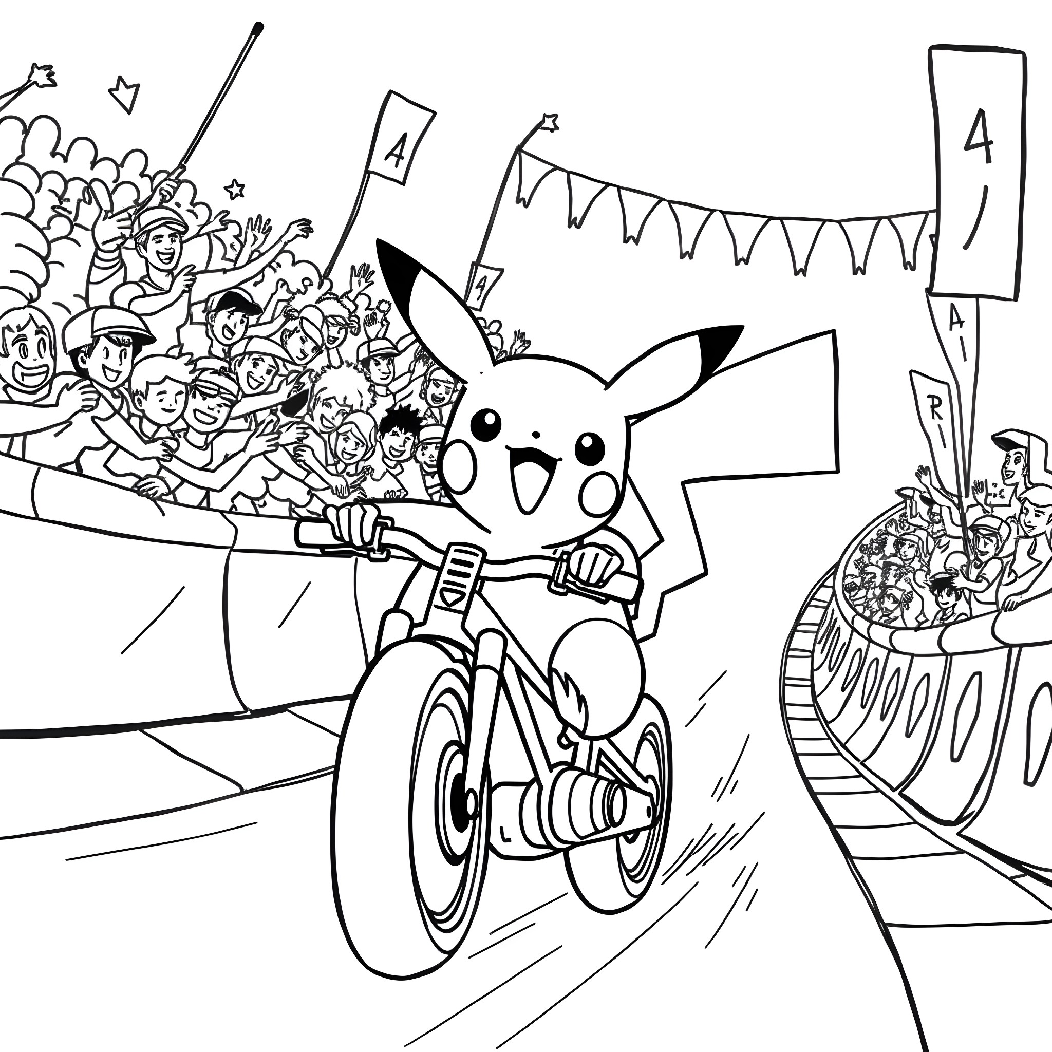 Pikachu racing on a bicycle with a crowd cheering Coloring Page (free black-and-white line drawing printable PDF for all, from beginners to advanced learners, including children, teens, adults, and seniors)