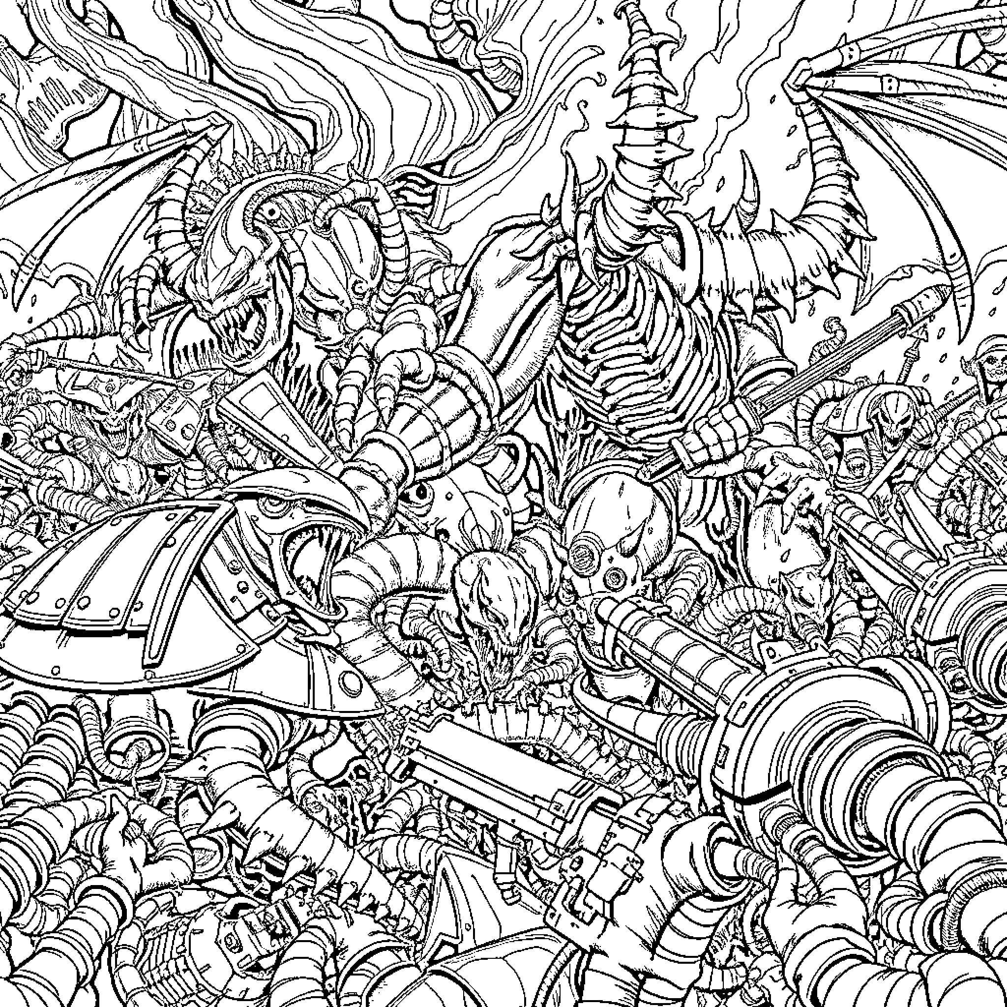 Tyranid Hive Fleet Consuming a World Coloring Page (free black-and-white line drawing printable PDF for all, from beginners to advanced learners, including children, teens, adults, and seniors)