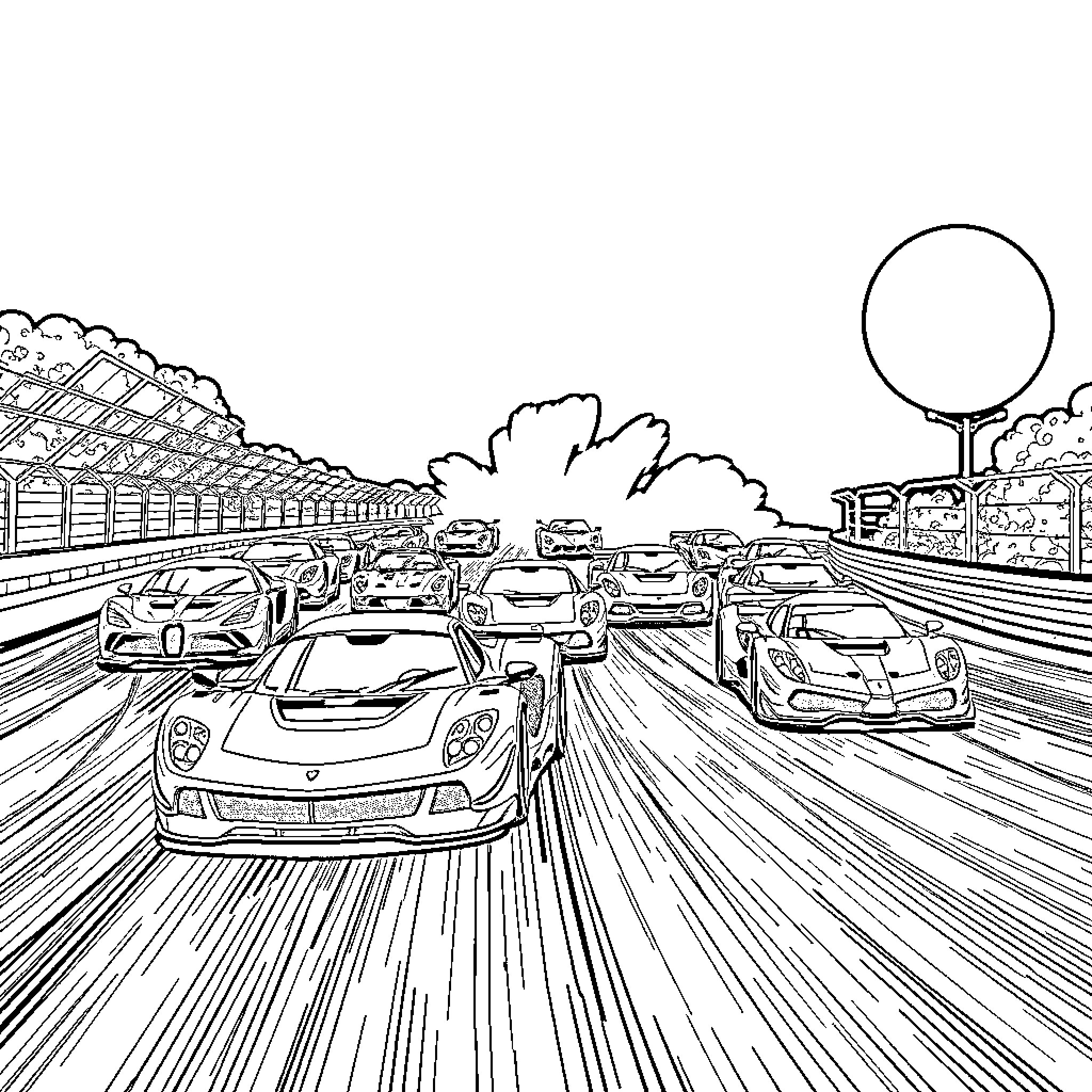 Car race on high-speed track with spectators Coloring Page (free black-and-white line drawing printable PDF for all, from beginners to advanced learners, including children, teens, adults, and seniors)