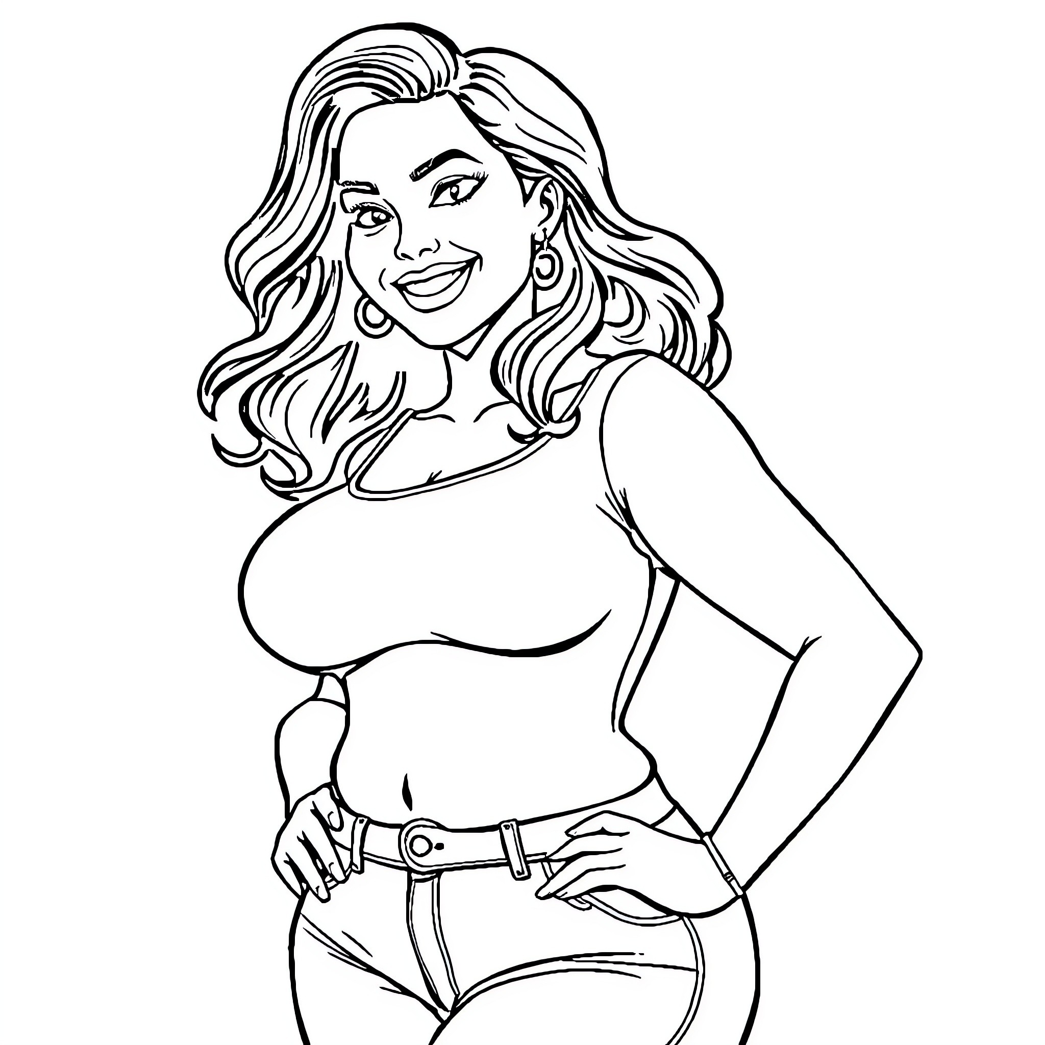 Latina woman posing confidently in stylish outfit Coloring Page (free black-and-white line drawing printable PDF for all, from beginners to advanced learners, including children, teens, adults, and seniors)
