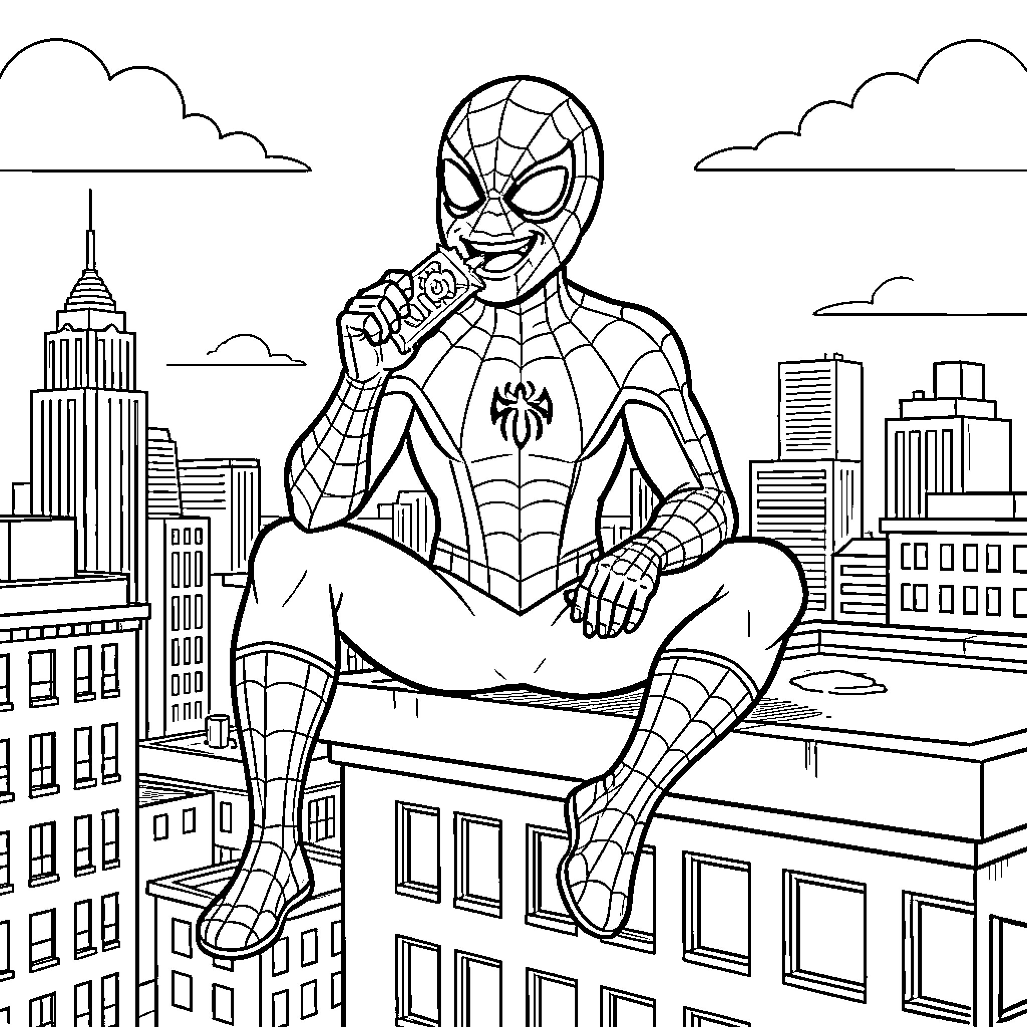 Spiderman eating a snack while sitting on a rooftop Coloring Page (free black-and-white line drawing printable PDF for all, from beginners to advanced learners, including children, teens, adults, and seniors)