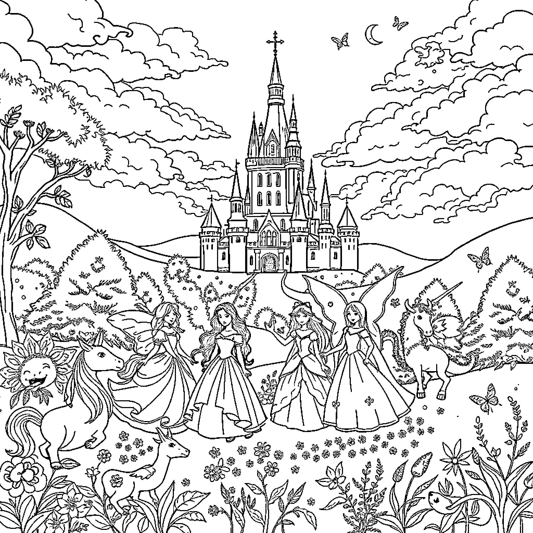 Princess and Friends Enjoying Enchanted Castle Scenery Coloring Page (free black-and-white line drawing printable PDF for all, from beginners to advanced learners, including children, teens, adults, and seniors)