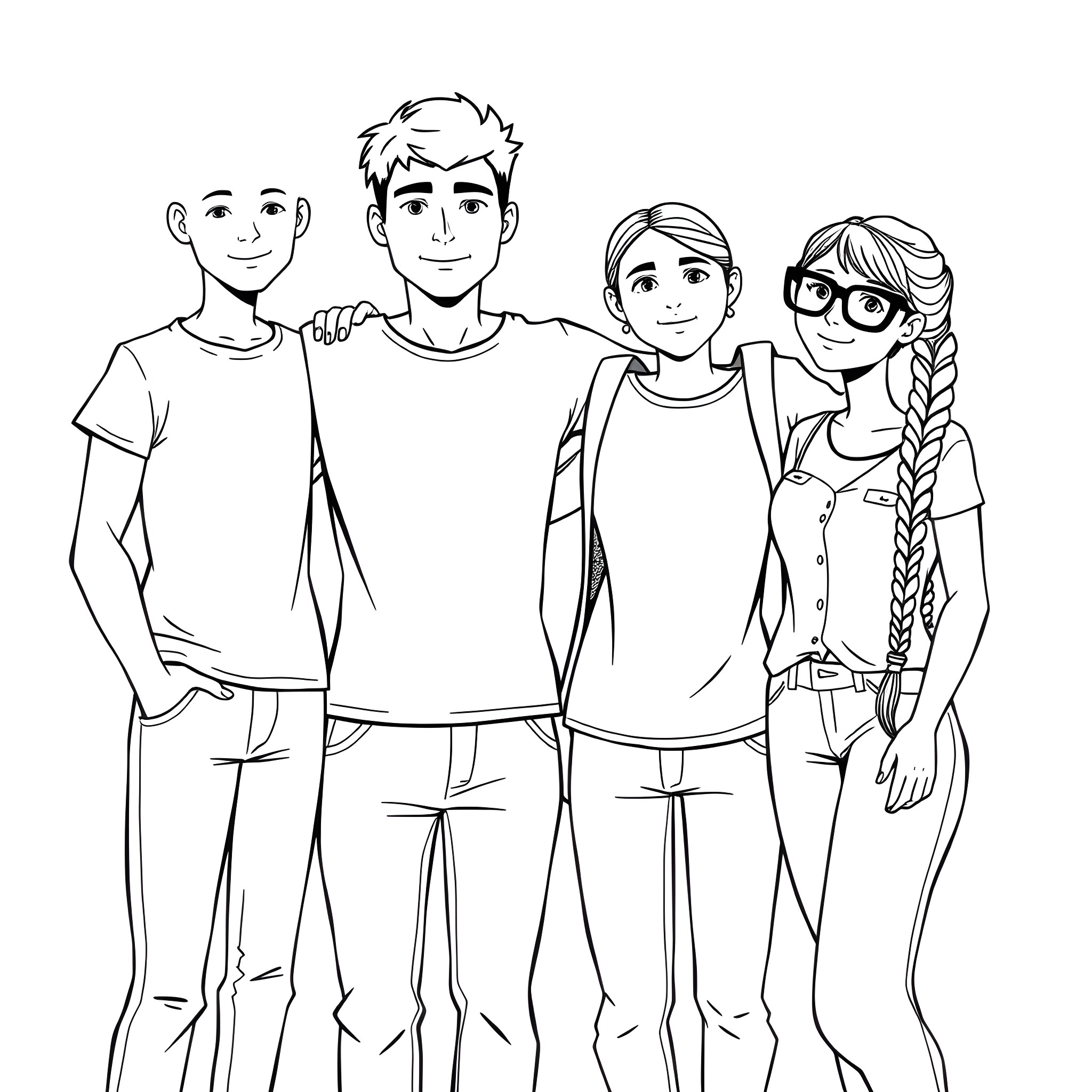 Friends Hanging Out Together Coloring Page (free black-and-white line drawing printable PDF for all, from beginners to advanced learners, including children, teens, adults, and seniors)