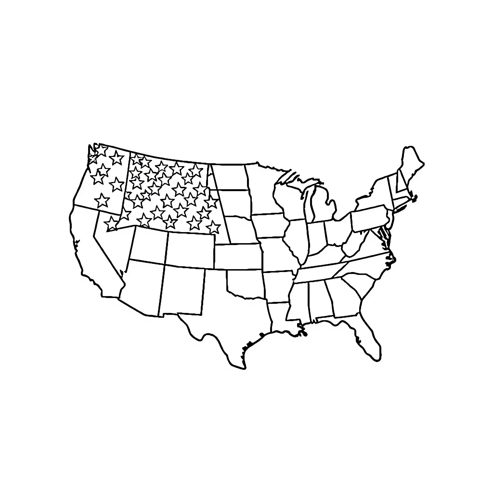 Map of United States with star symbols Coloring Page (free black-and-white line drawing printable PDF for all, from beginners to advanced learners, including children, teens, adults, and seniors)