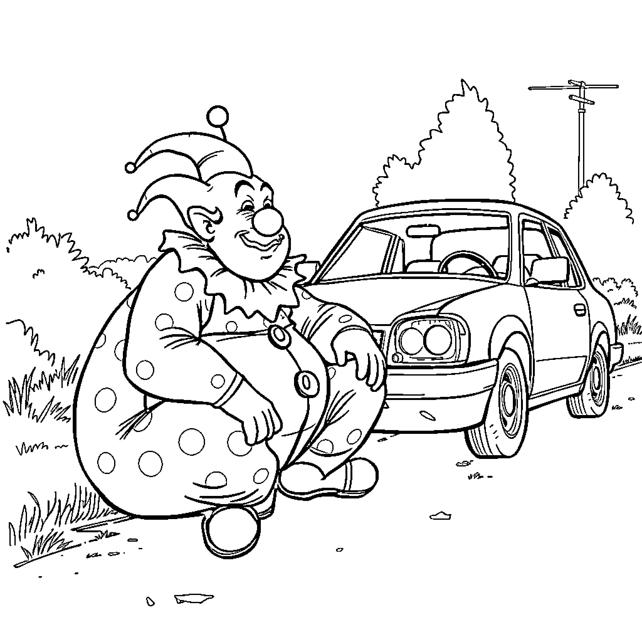 Clown with Spotted Outfit and Car Coloring Page (free black-and-white line drawing printable PDF for all, from beginners to advanced learners, including children, teens, adults, and seniors)