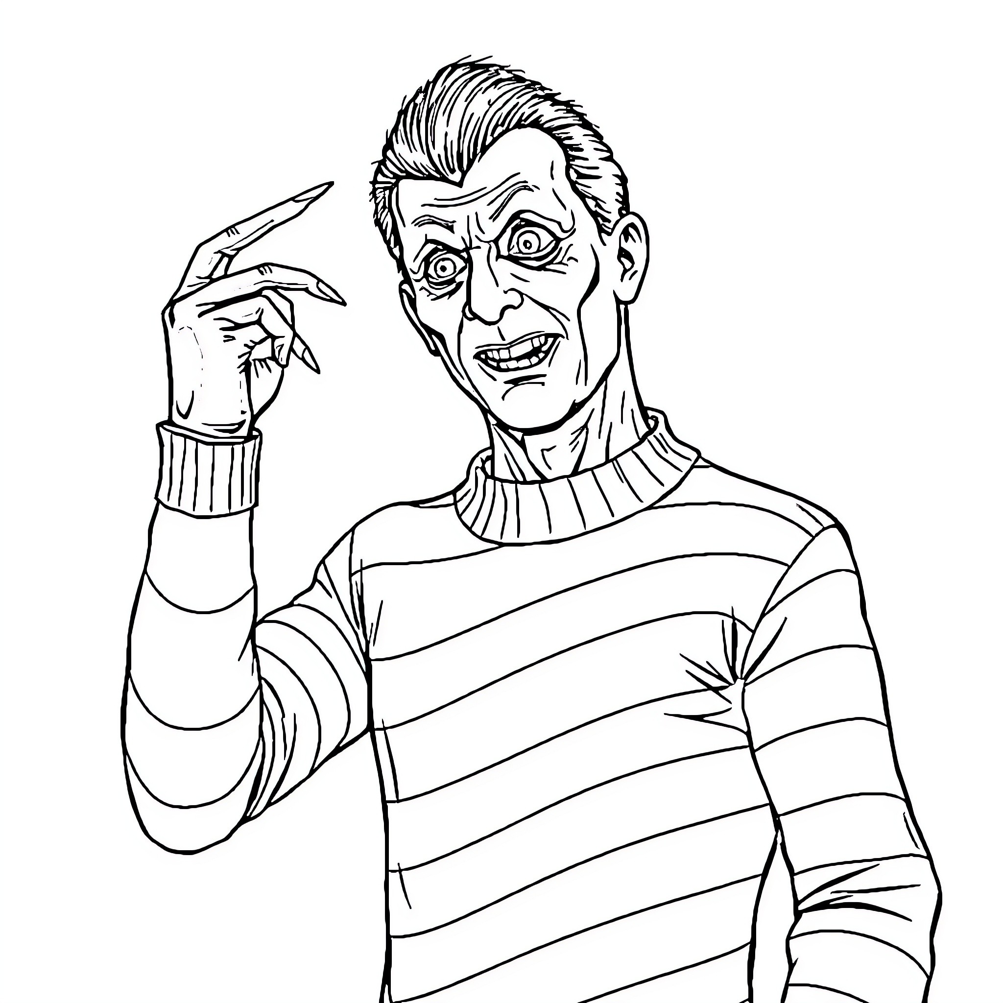 Freddy Krueger's Menacing Presence Coloring Page (free black-and-white line drawing printable PDF for all, from beginners to advanced learners, including children, teens, adults, and seniors)