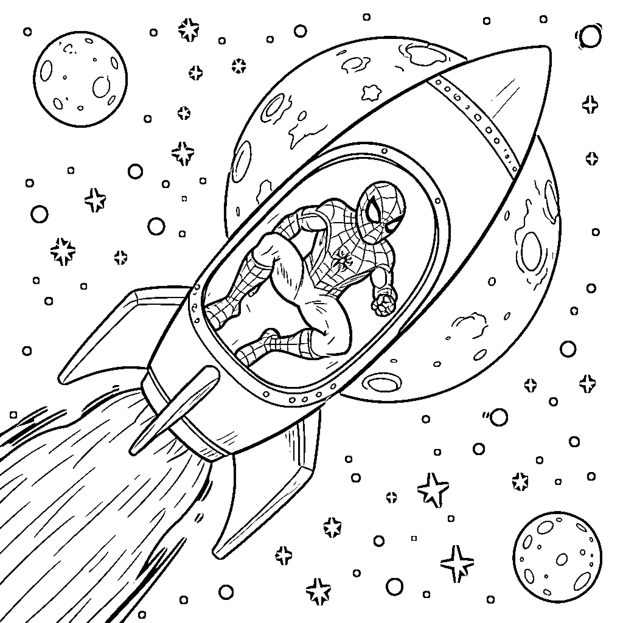 Spiderman flying through space inside a rocket ship Coloring Page (free black-and-white line drawing printable PDF for all, from beginners to advanced learners, including children, teens, adults, and seniors)