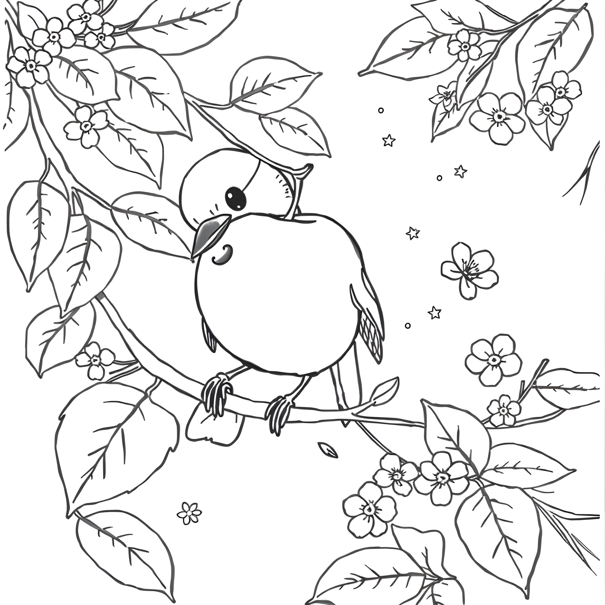 Bird perching on floral branch Coloring Page (free black-and-white line drawing printable PDF for all, from beginners to advanced learners, including children, teens, adults, and seniors)