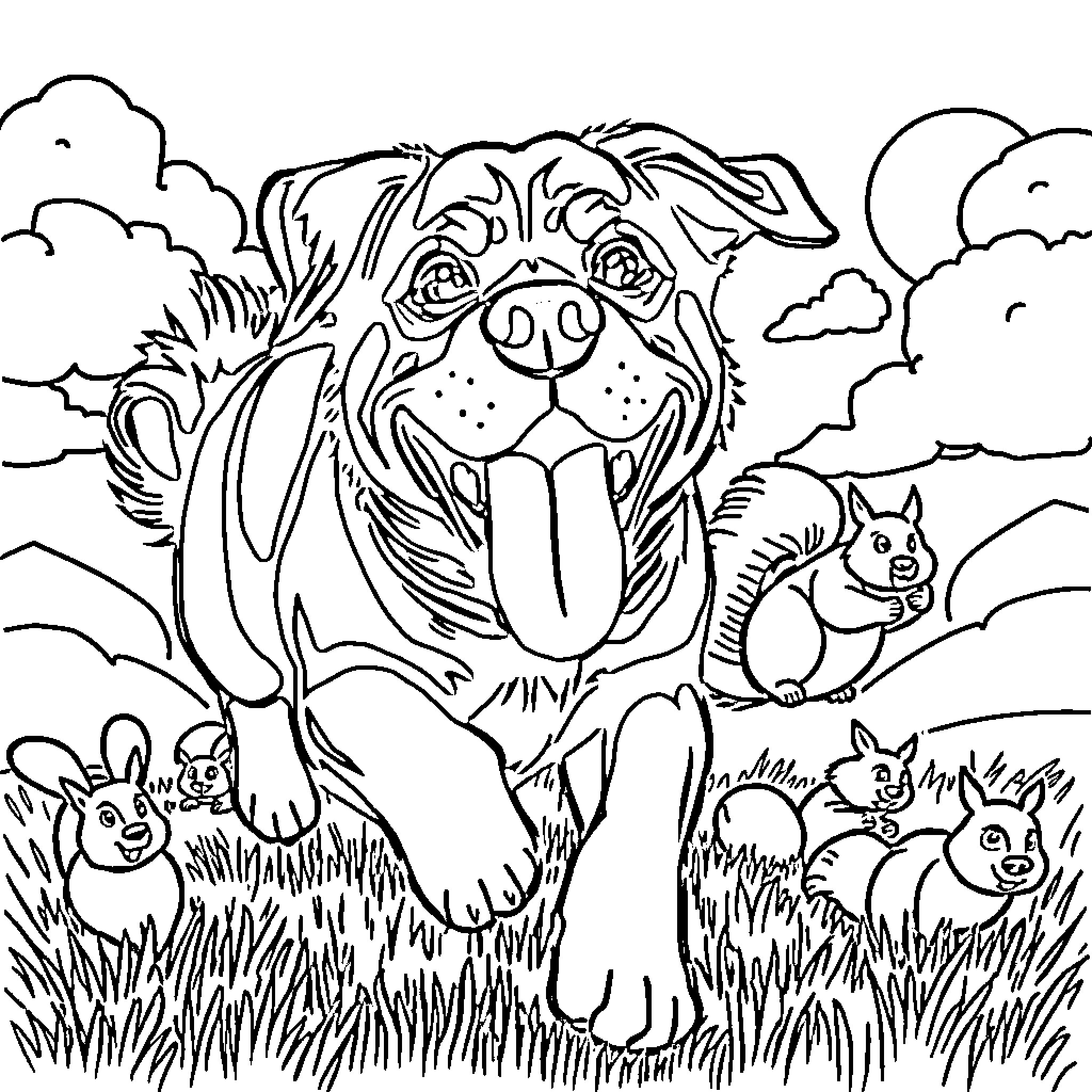 Rottweiler enjoying the outdoors with woodland creatures Coloring Page (free black-and-white line drawing printable PDF for all, from beginners to advanced learners, including children, teens, adults, and seniors)