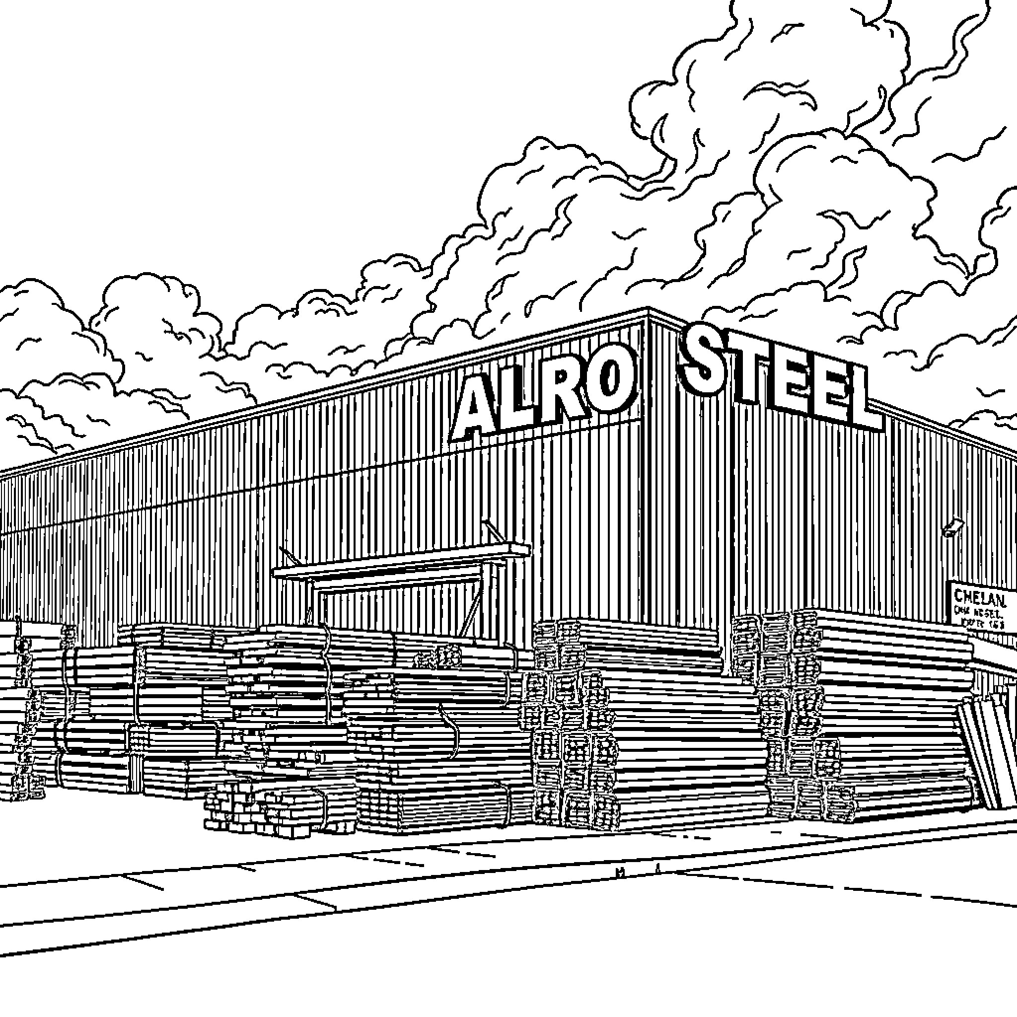 Steel factory with stormy sky Coloring Page (free black-and-white line drawing printable PDF for all, from beginners to advanced learners, including children, teens, adults, and seniors)