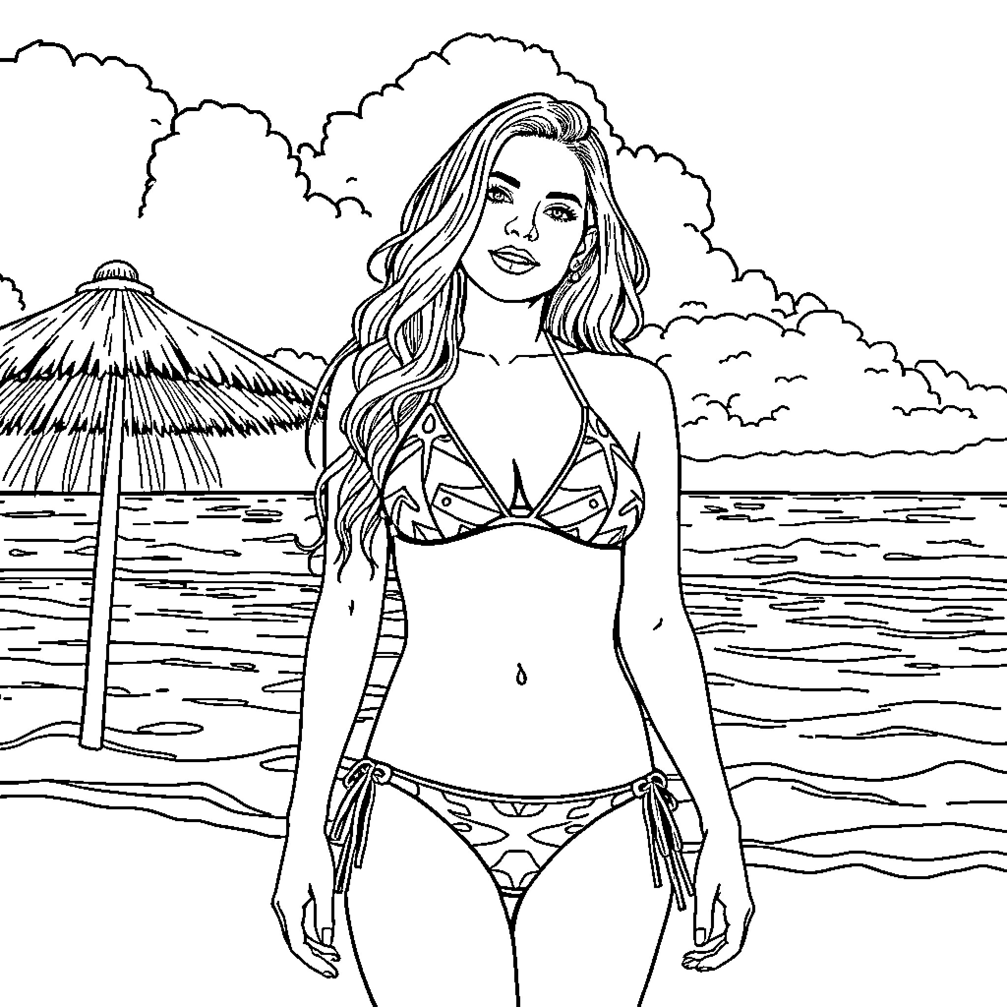Sydney Sweeney relaxing on the beach in a bikini Coloring Page (free black-and-white line drawing printable PDF for all, from beginners to advanced learners, including children, teens, adults, and seniors)