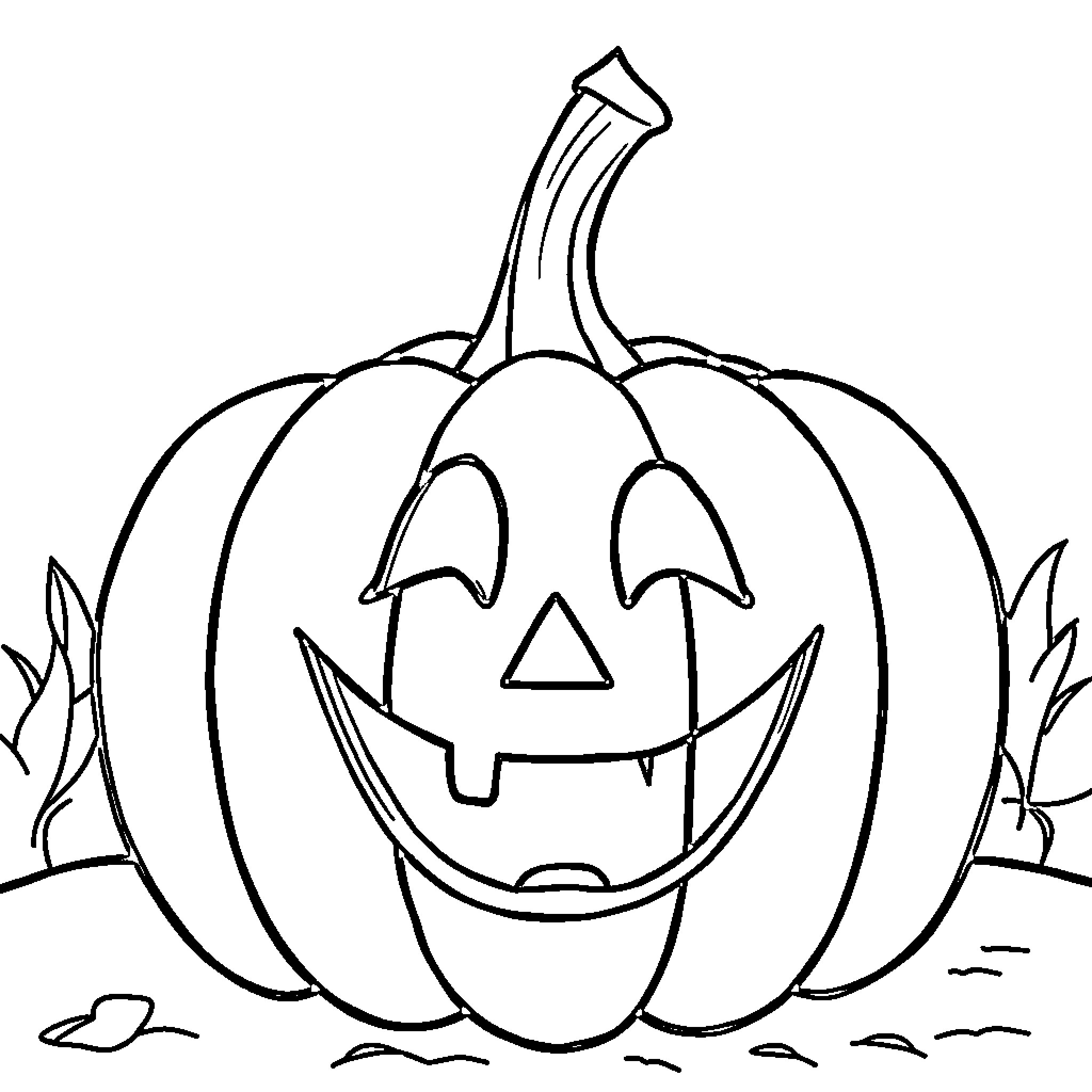 Pumpkin with happy carved face Coloring Page (free black-and-white line drawing printable PDF for all, from beginners to advanced learners, including children, teens, adults, and seniors)