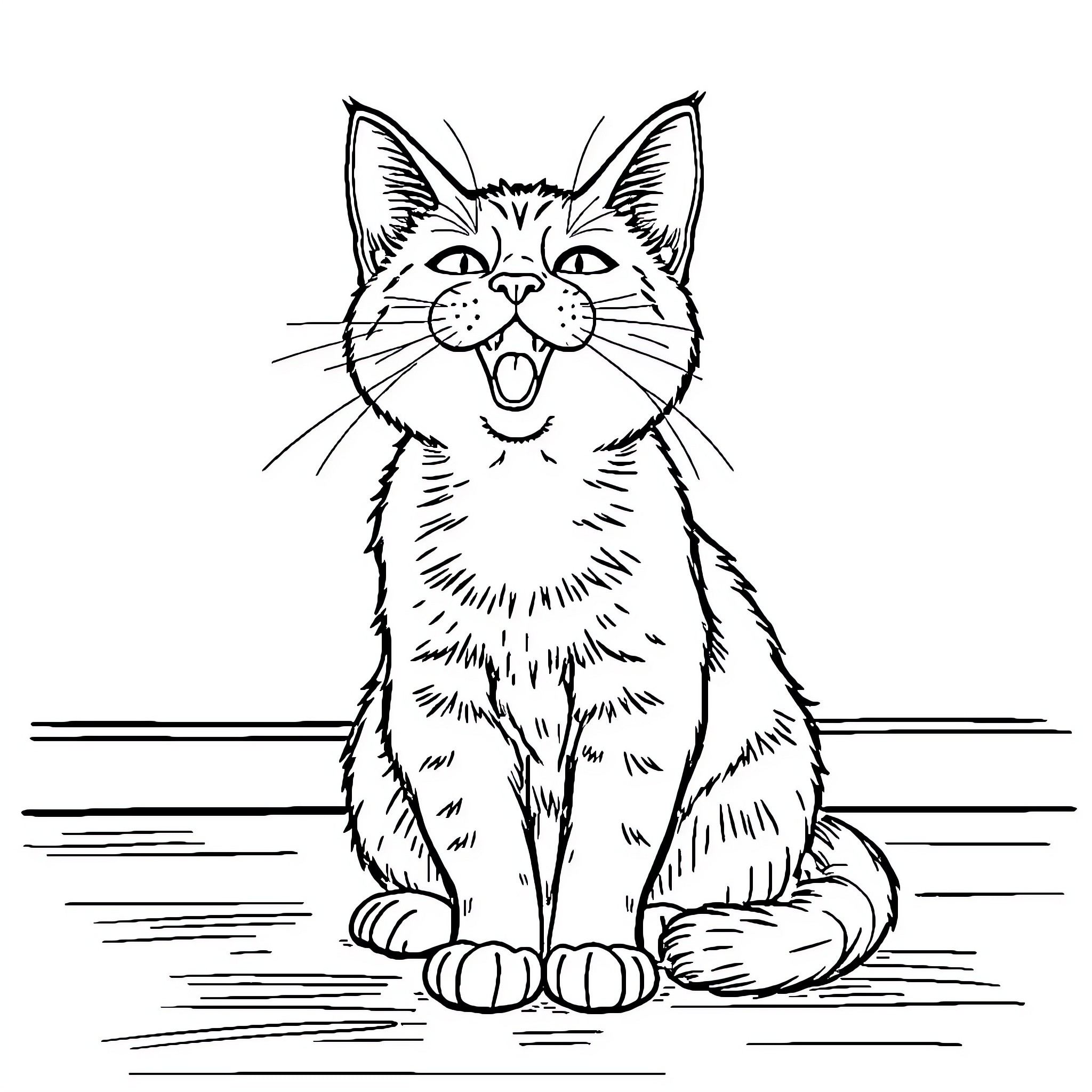 Cat making a funny face Coloring Page (free black-and-white line drawing printable PDF for all, from beginners to advanced learners, including children, teens, adults, and seniors)